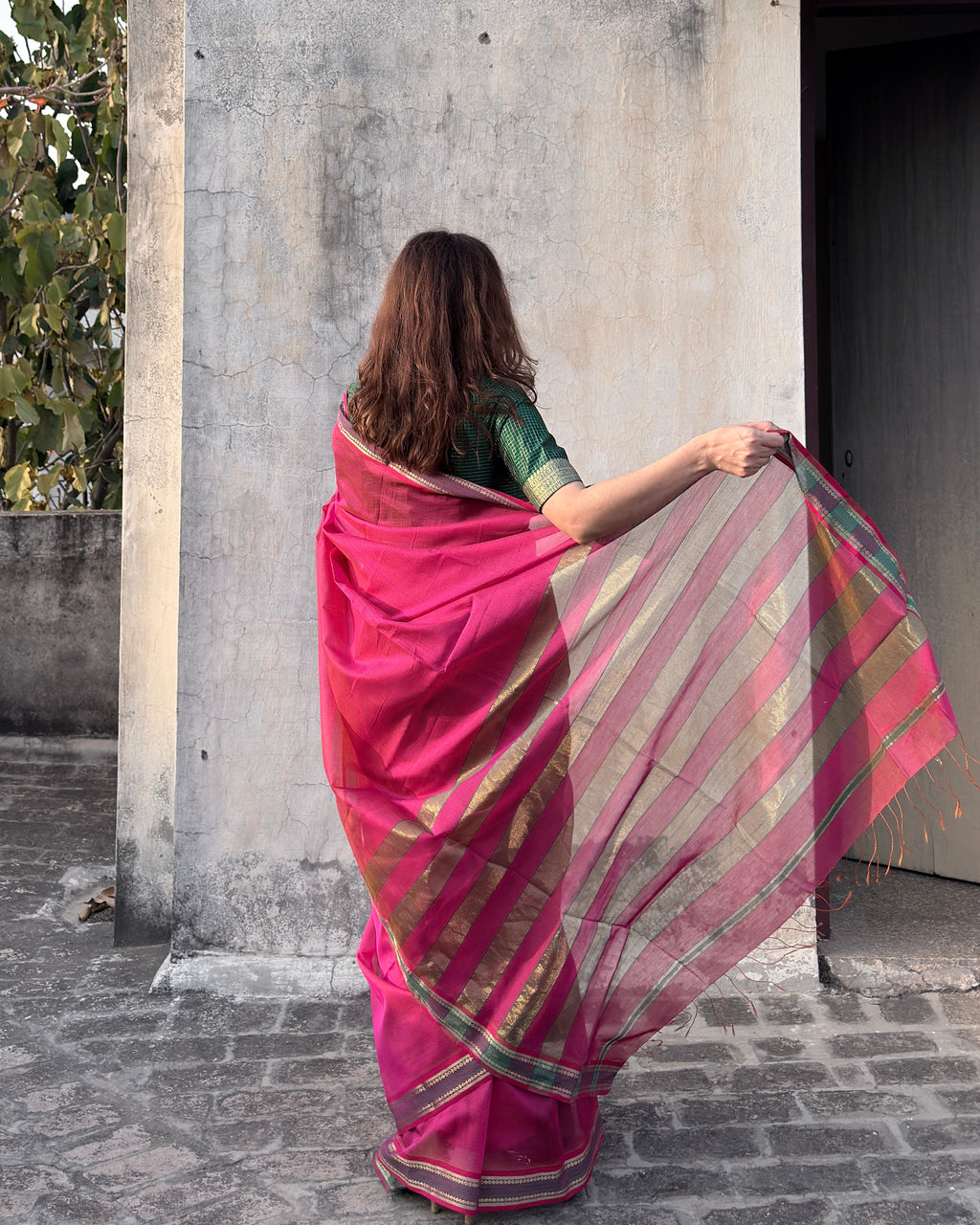 Rajnigandha | Pink Raasta Pattern Maheshwari Saree