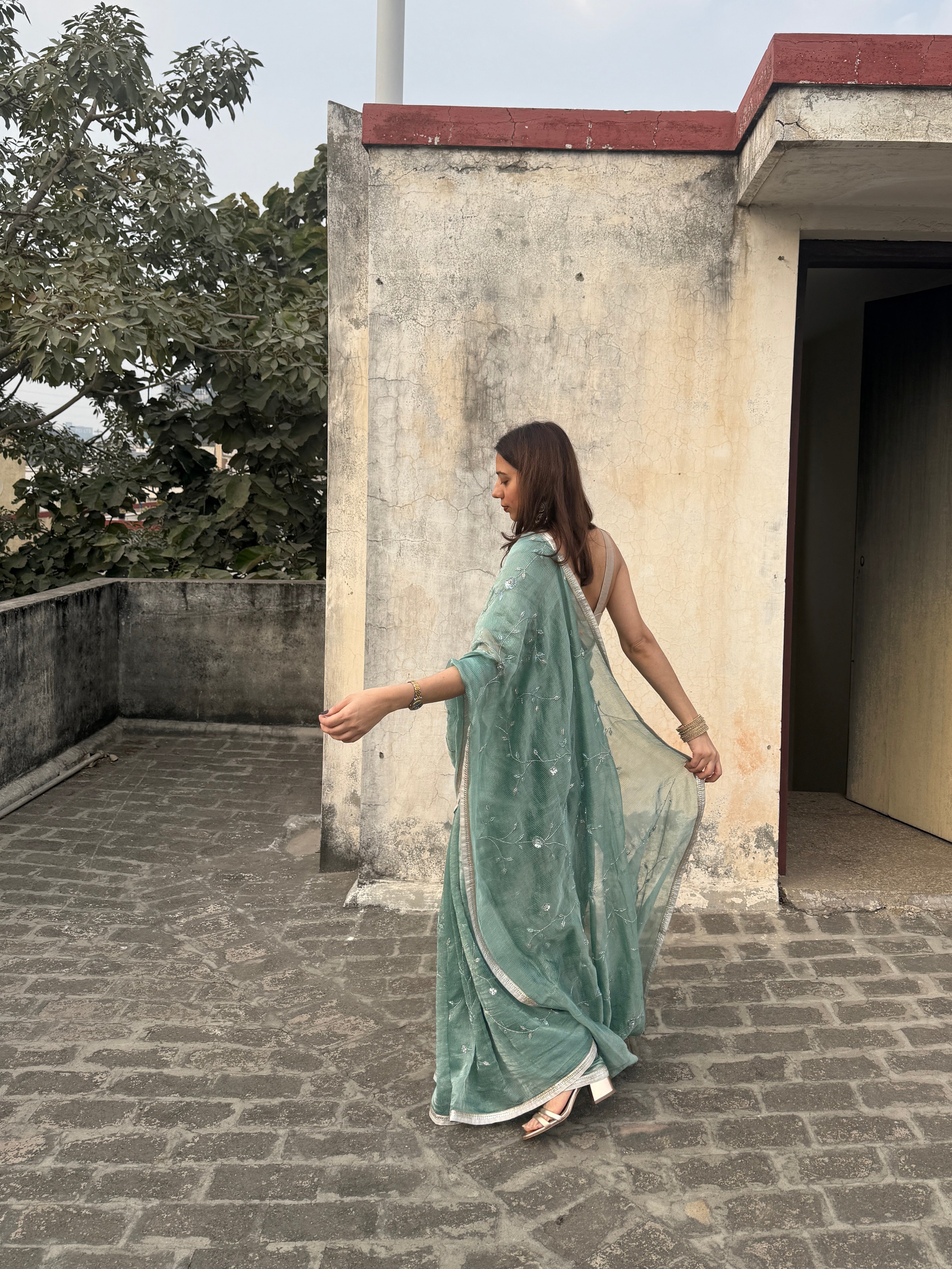 Sia | Green Viscose Organza & Silk Zari saree