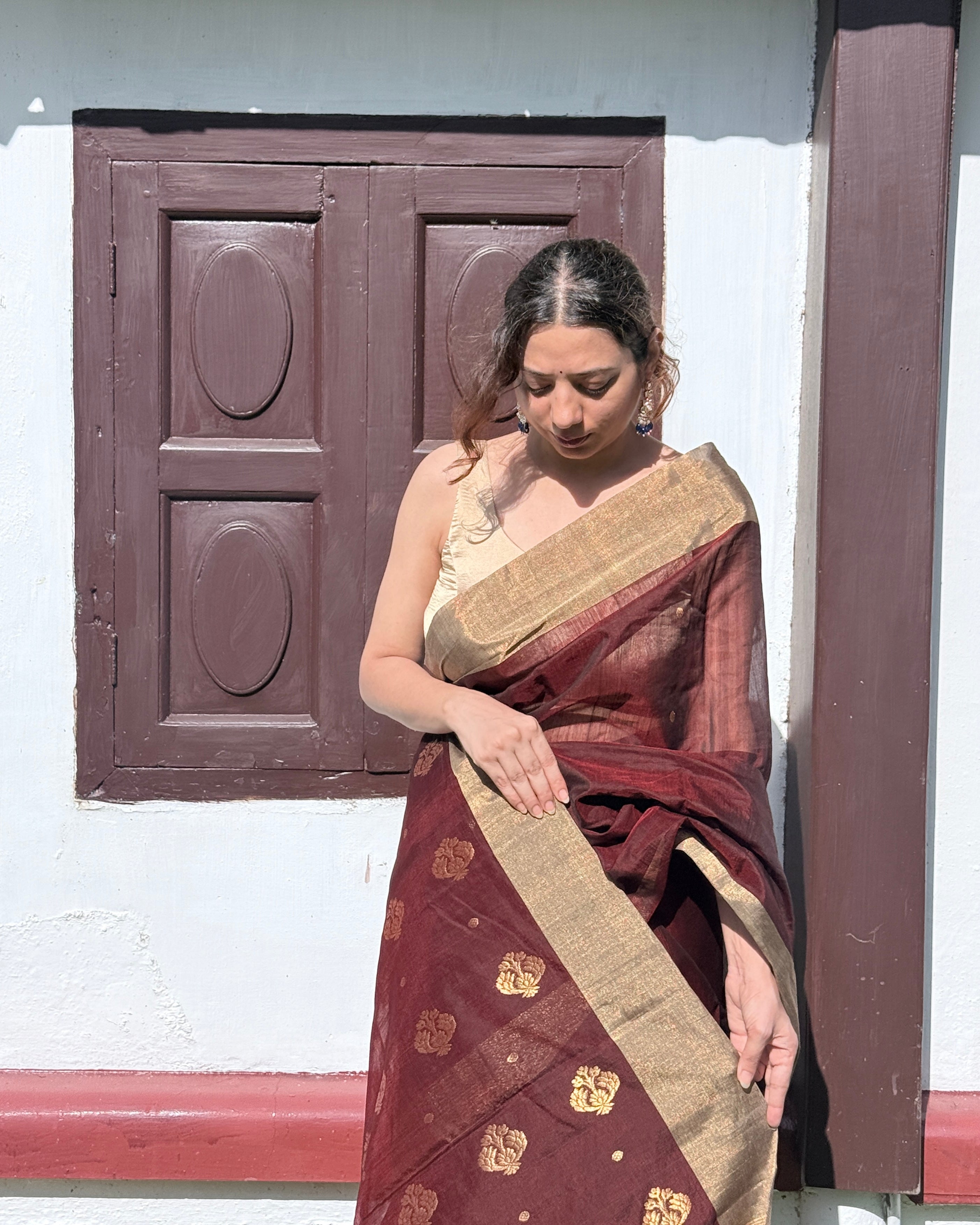 Khajuri | Maroon Chanderi Silk Saree