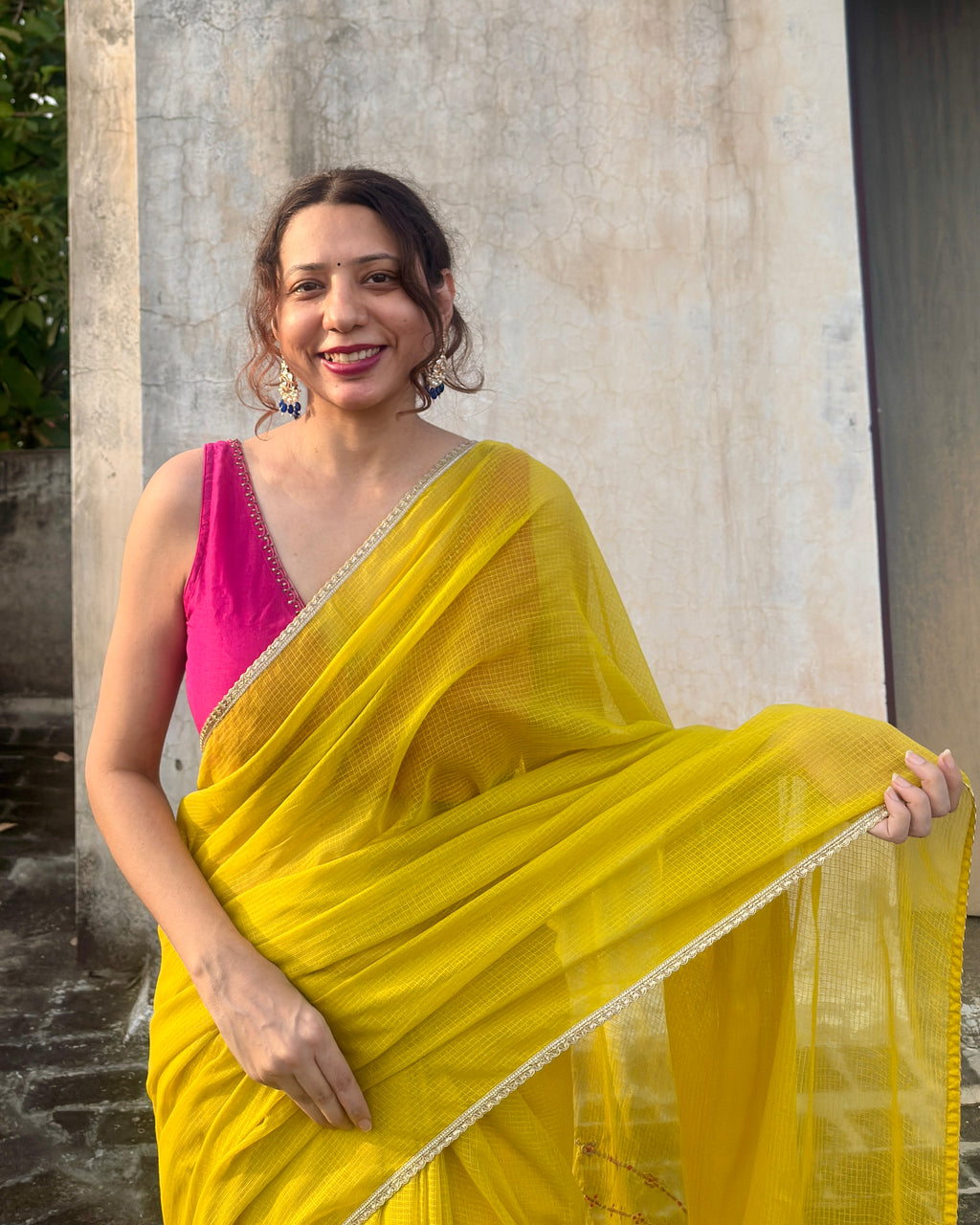 Jhumki | Yellow Embroidered Kota Doria Saree