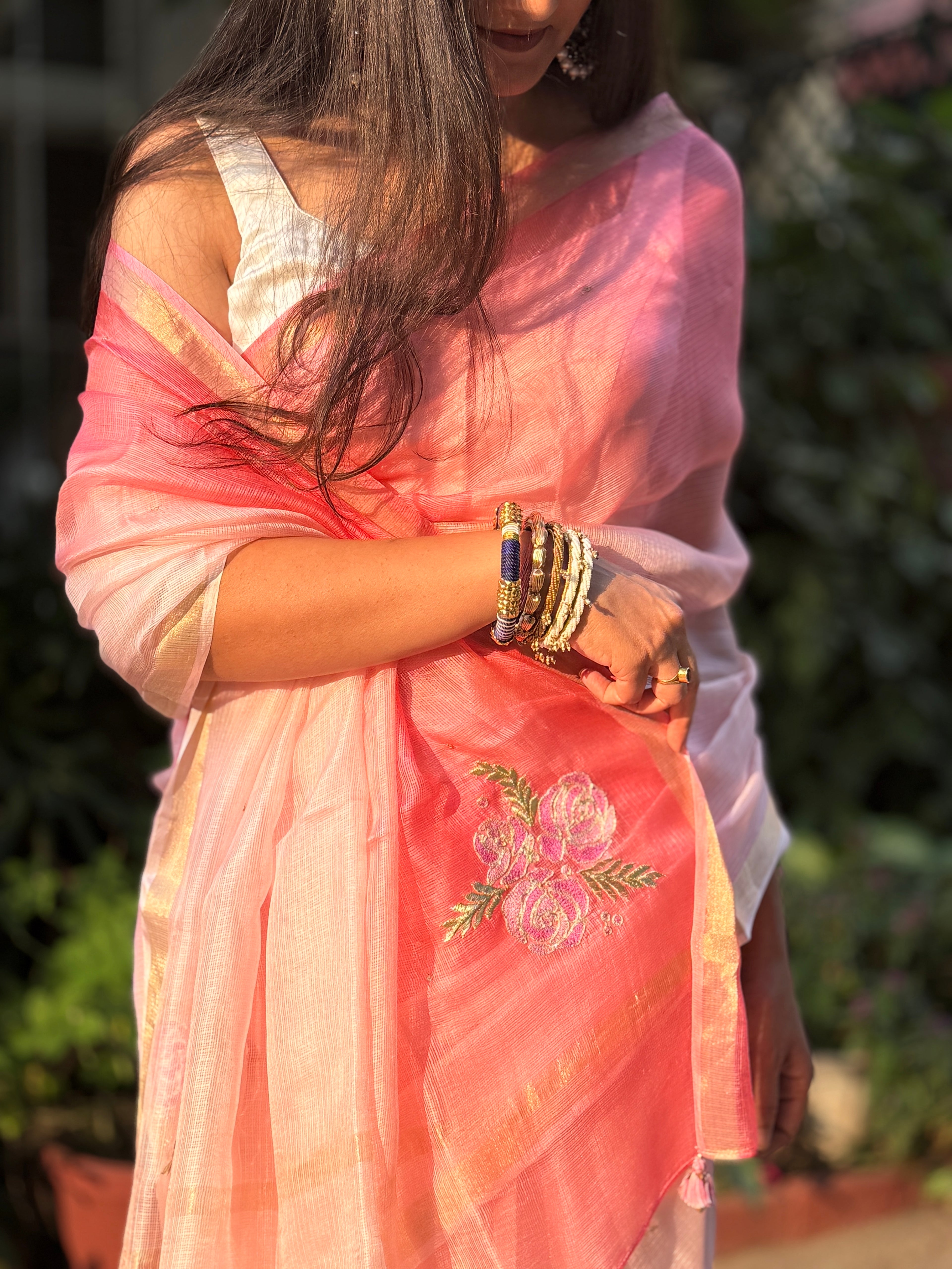 Sitaara | Pink Ombre Embroidered Kota Silk Saree