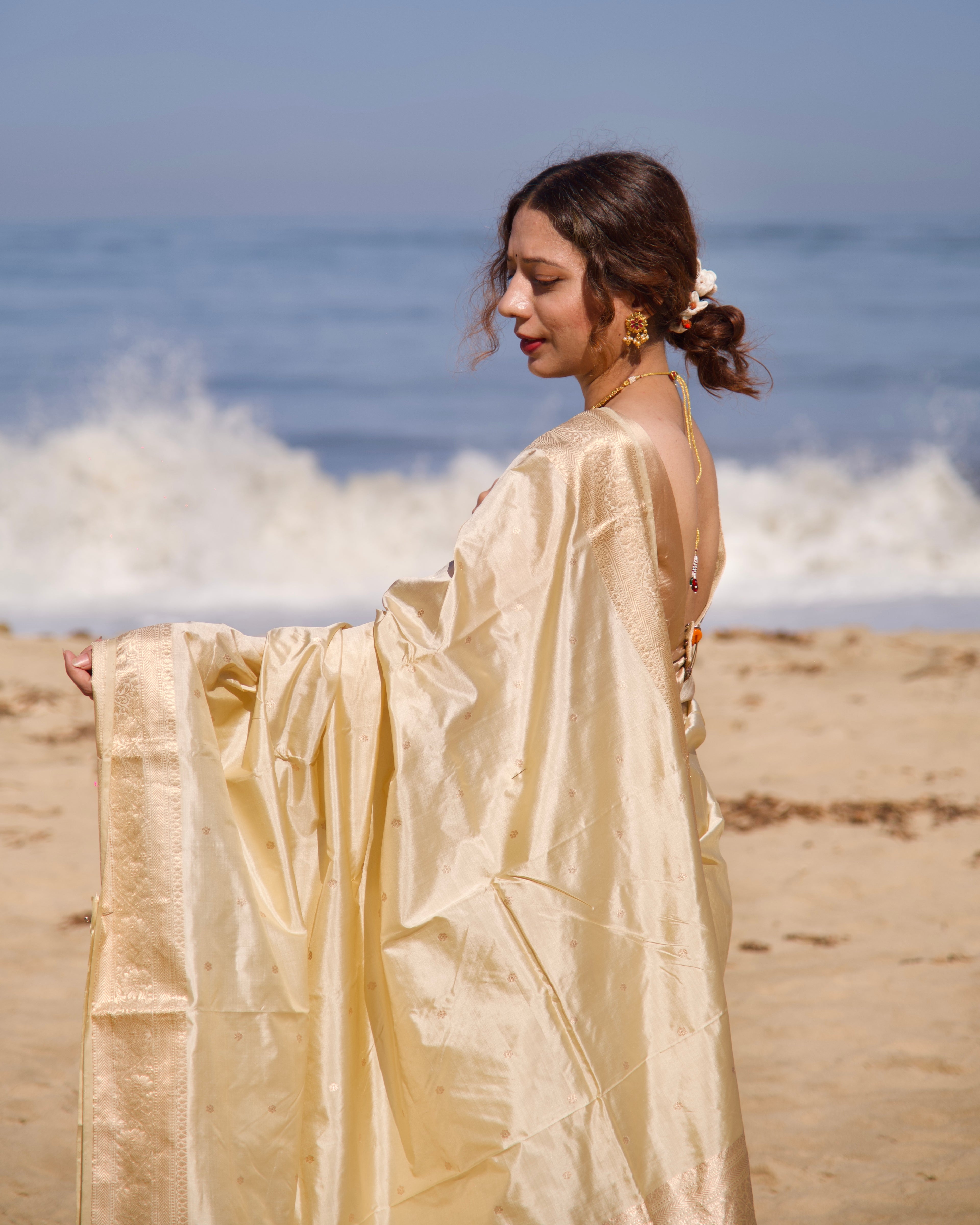 Mogra | Cream Handloom Banarasi Katan Silk Saree