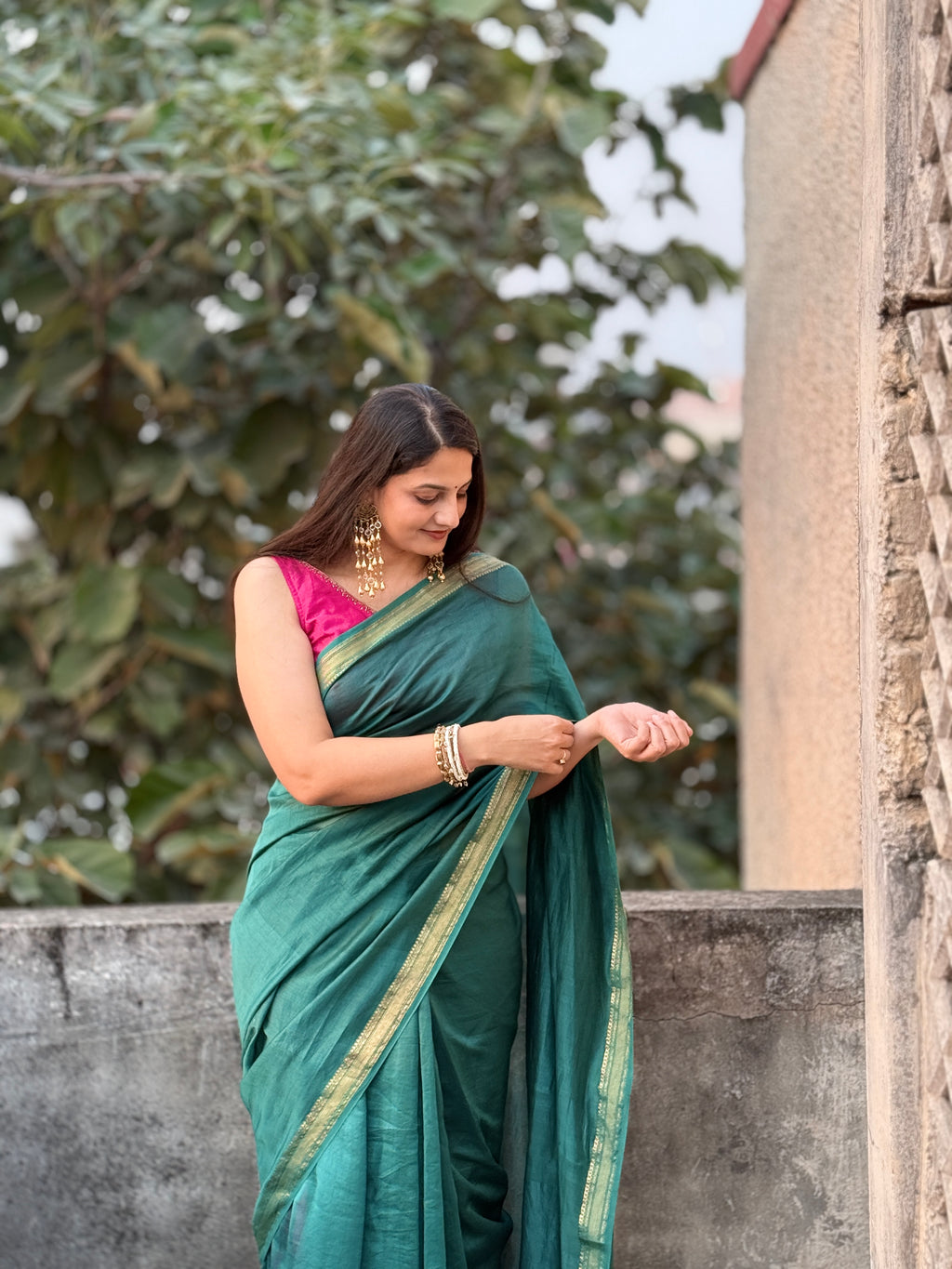 Nazaara | Emerald Green Cotton Silk Saree