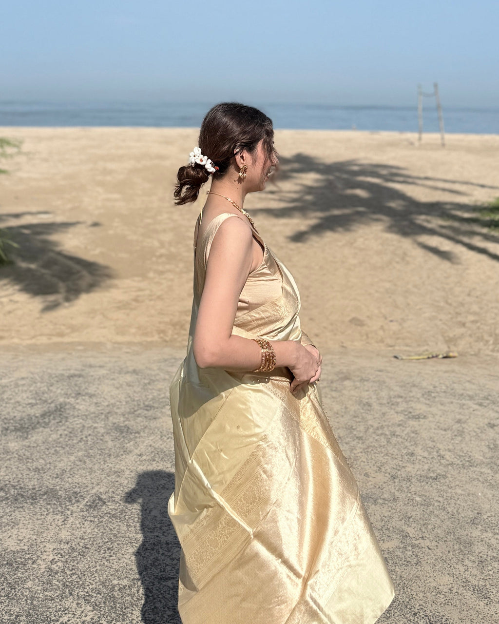 Mogra | Cream Handloom Banarasi Katan Silk Saree
