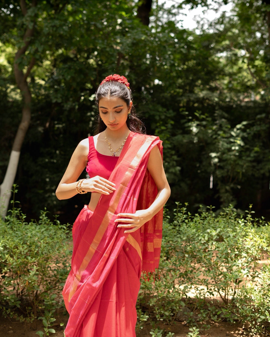 Aalta | Rani Pink Maheshwari Saree