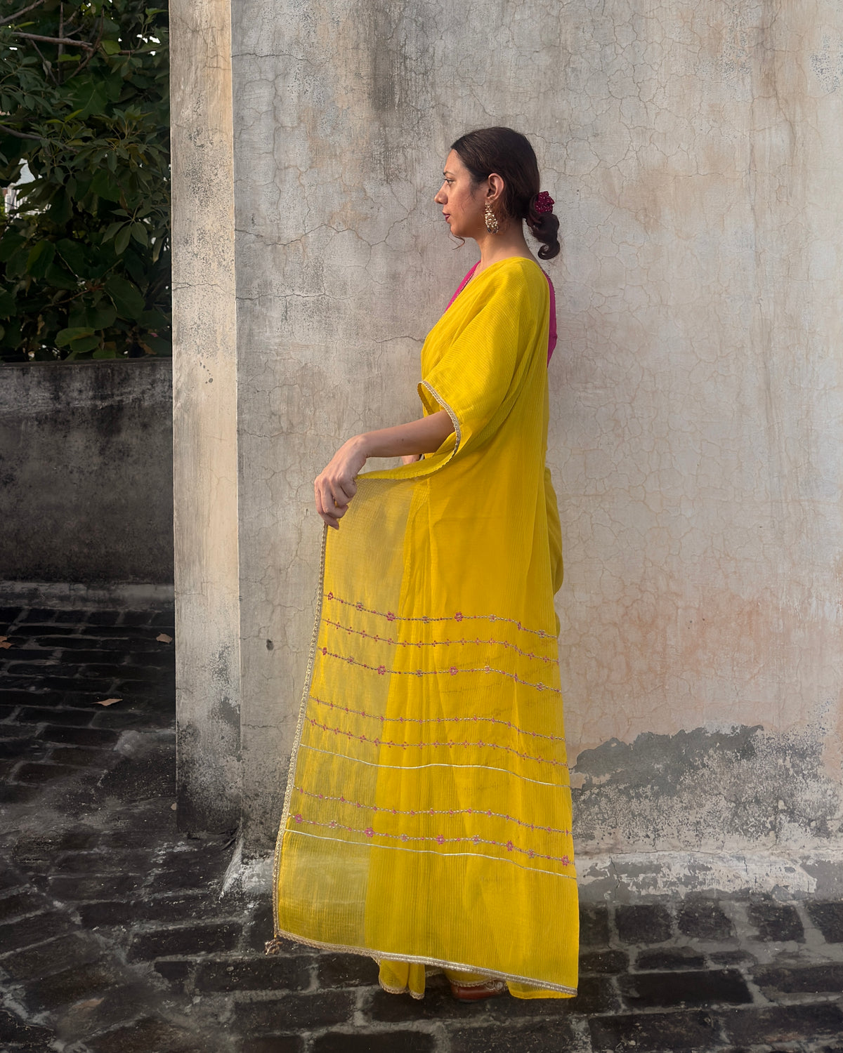 Jhumki | Yellow Embroidered Kota Doria Saree