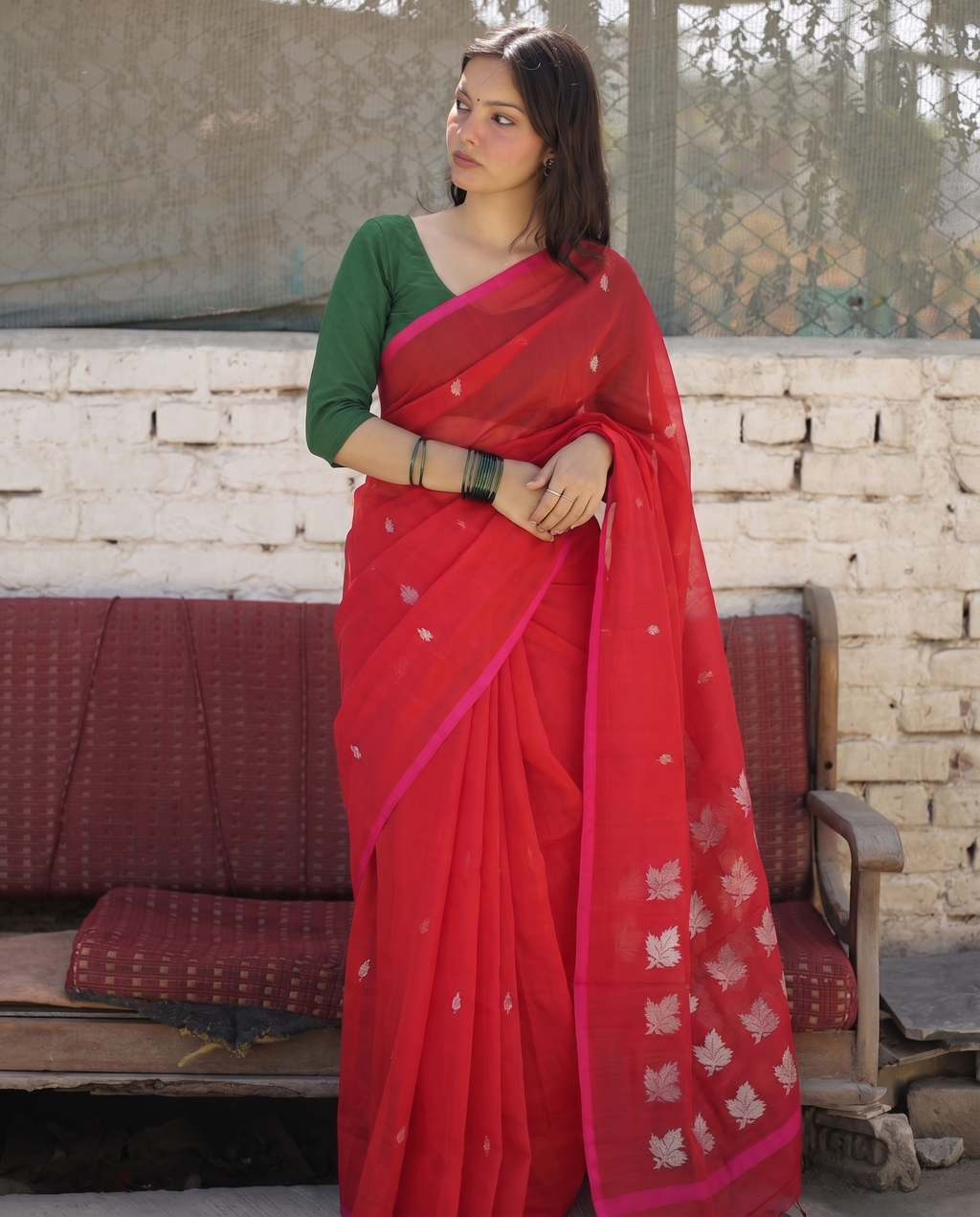 Devi | Red Chanderi Saree with Silver Bootis