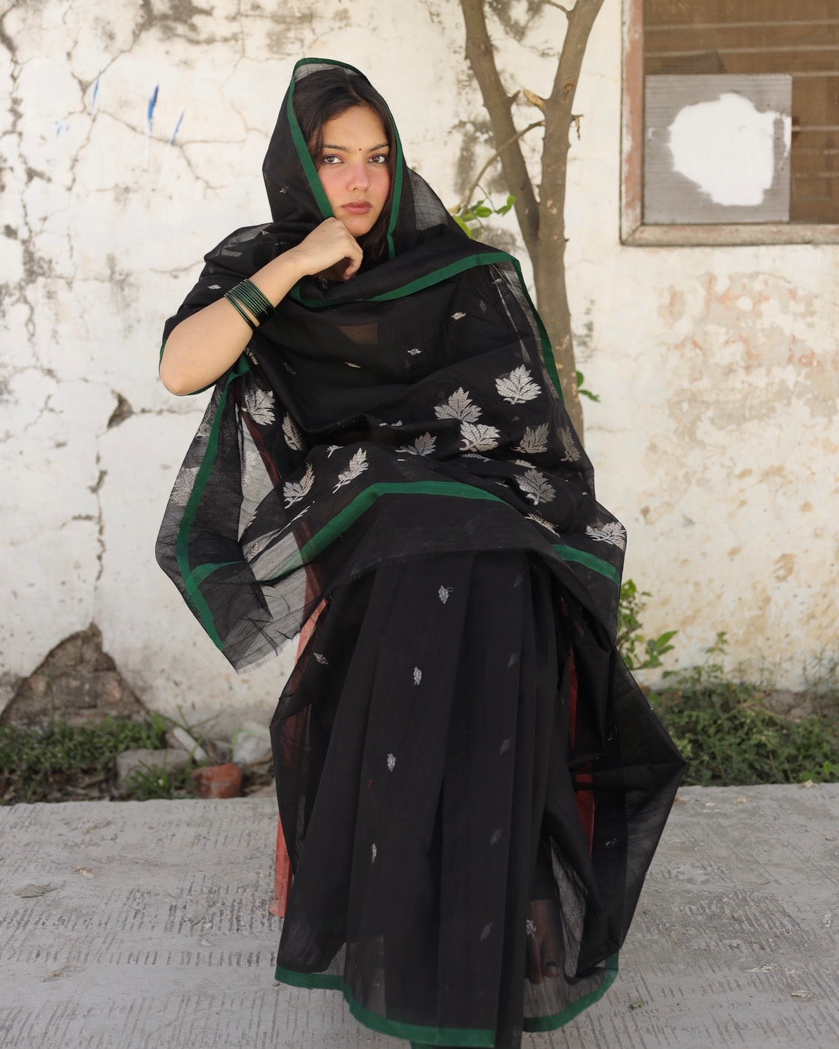 Chinar | Black Chanderi Saree with Silver Booti