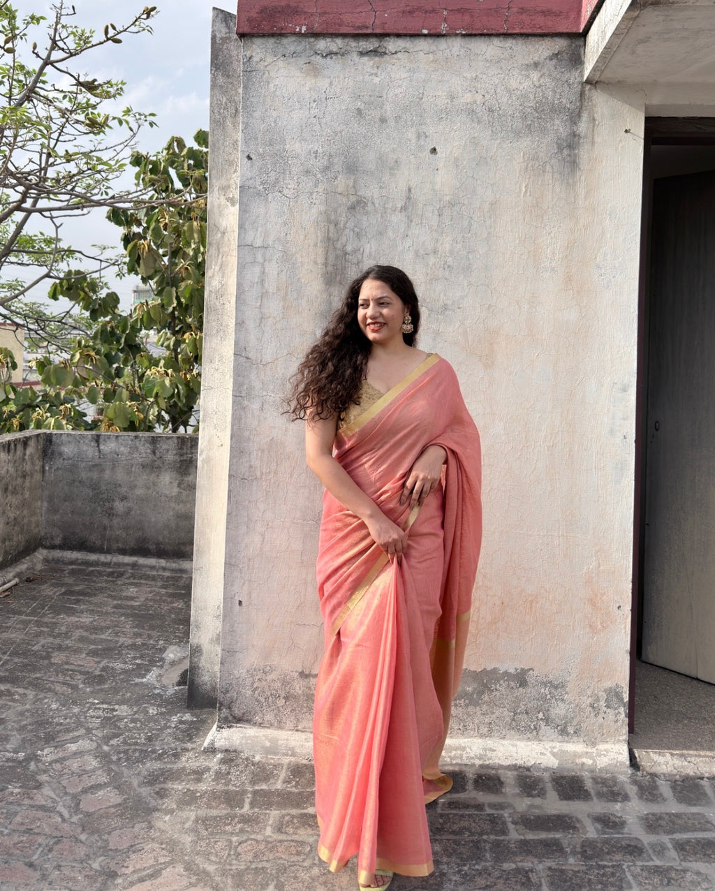 Candy | Blush Pink Tissue Linen Saree