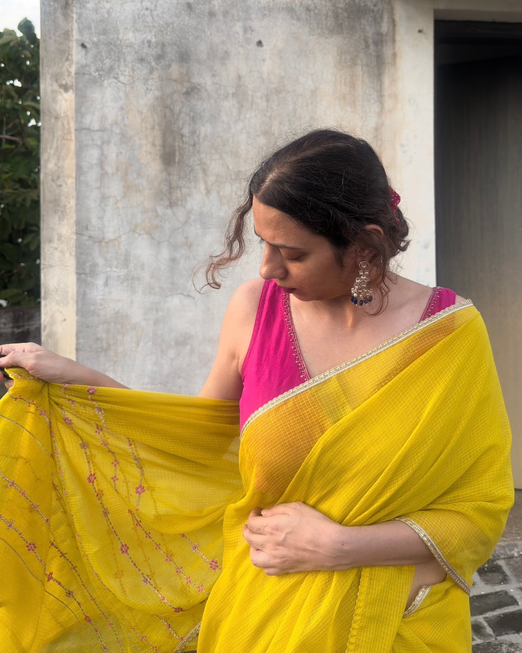 Jhumki | Yellow Embroidered Kota Doria Saree