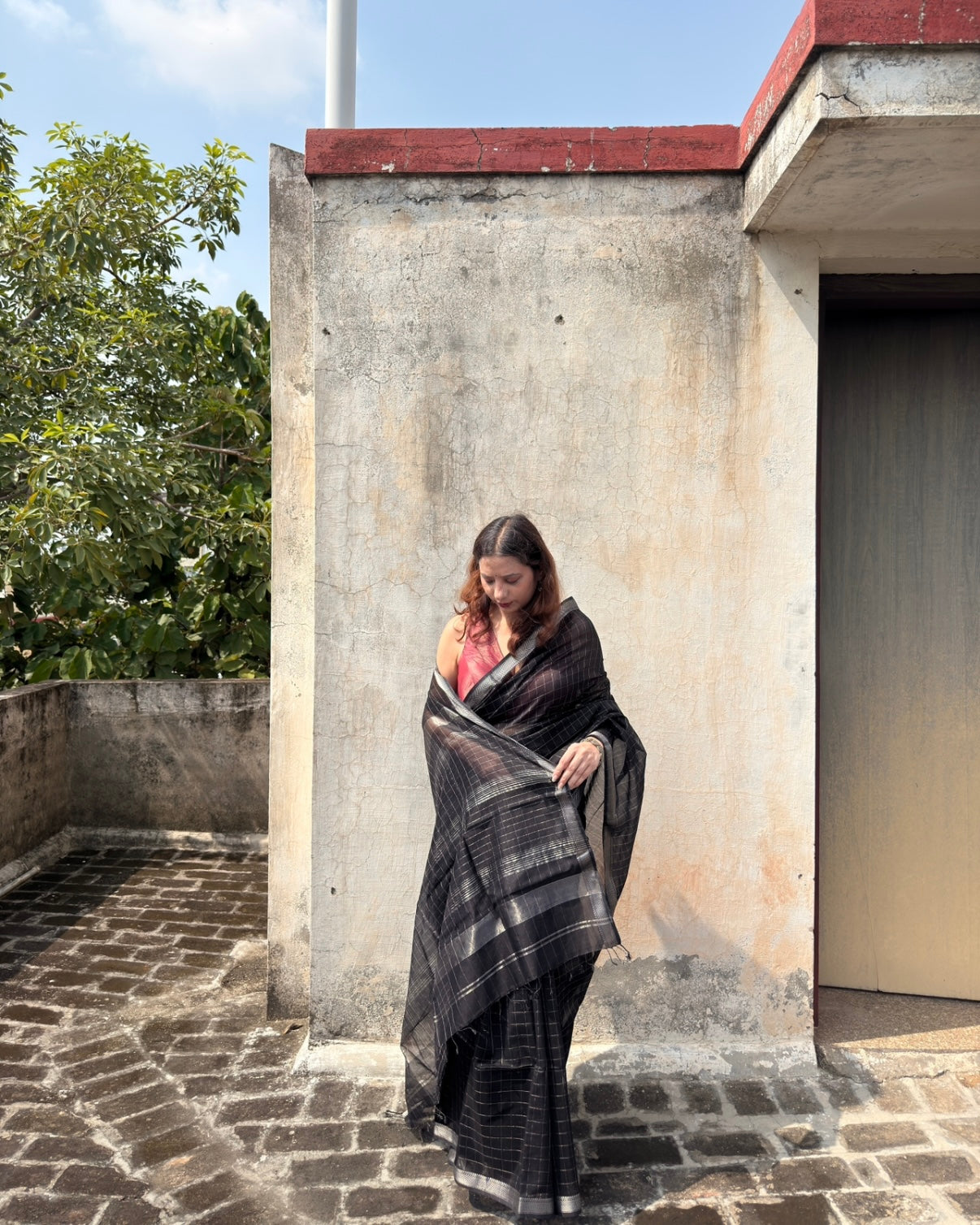 Chandni | Black Maheshwari Saree with Silver Checks