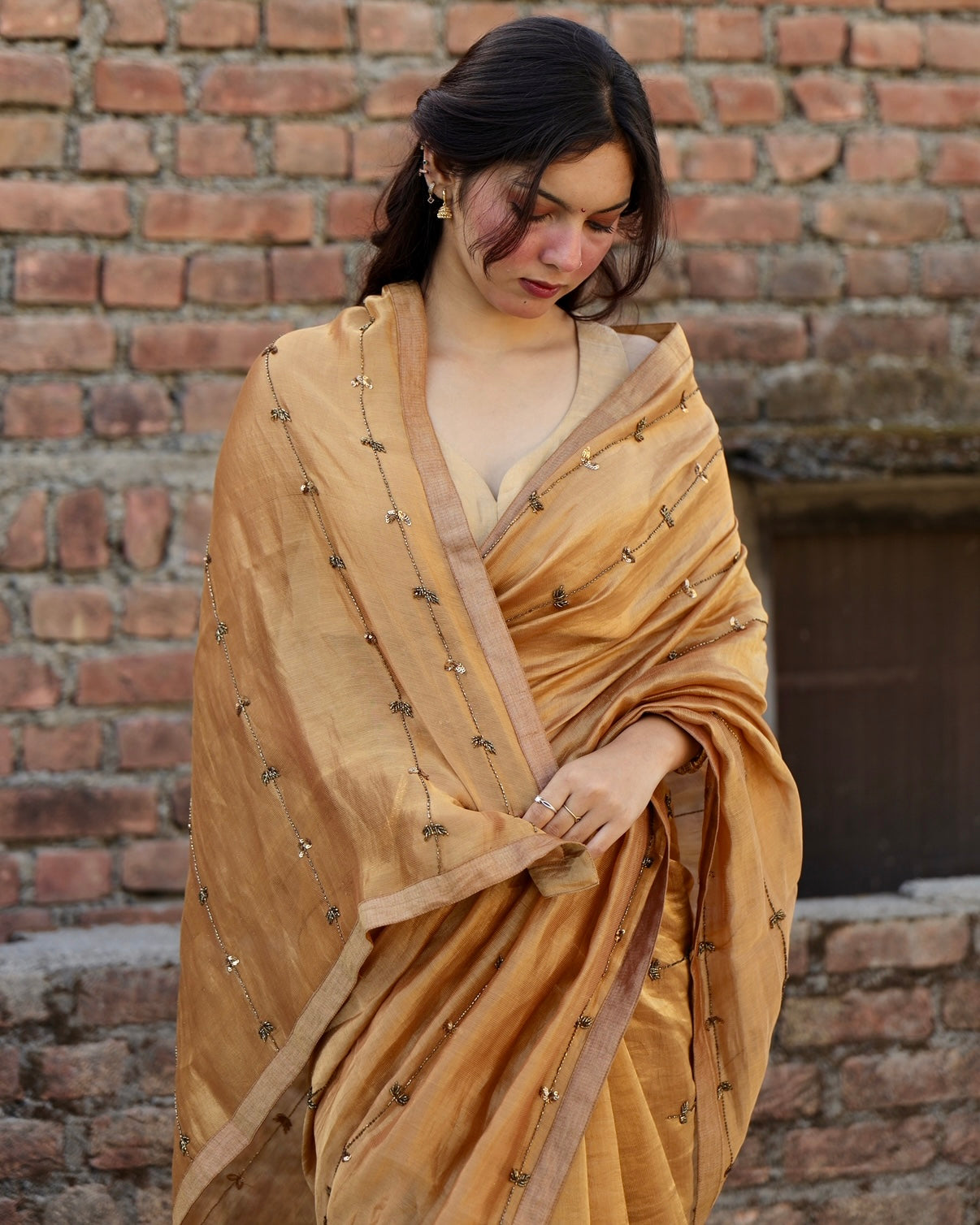 Sona | Golden Silk Zari Hand Embroidered Saree