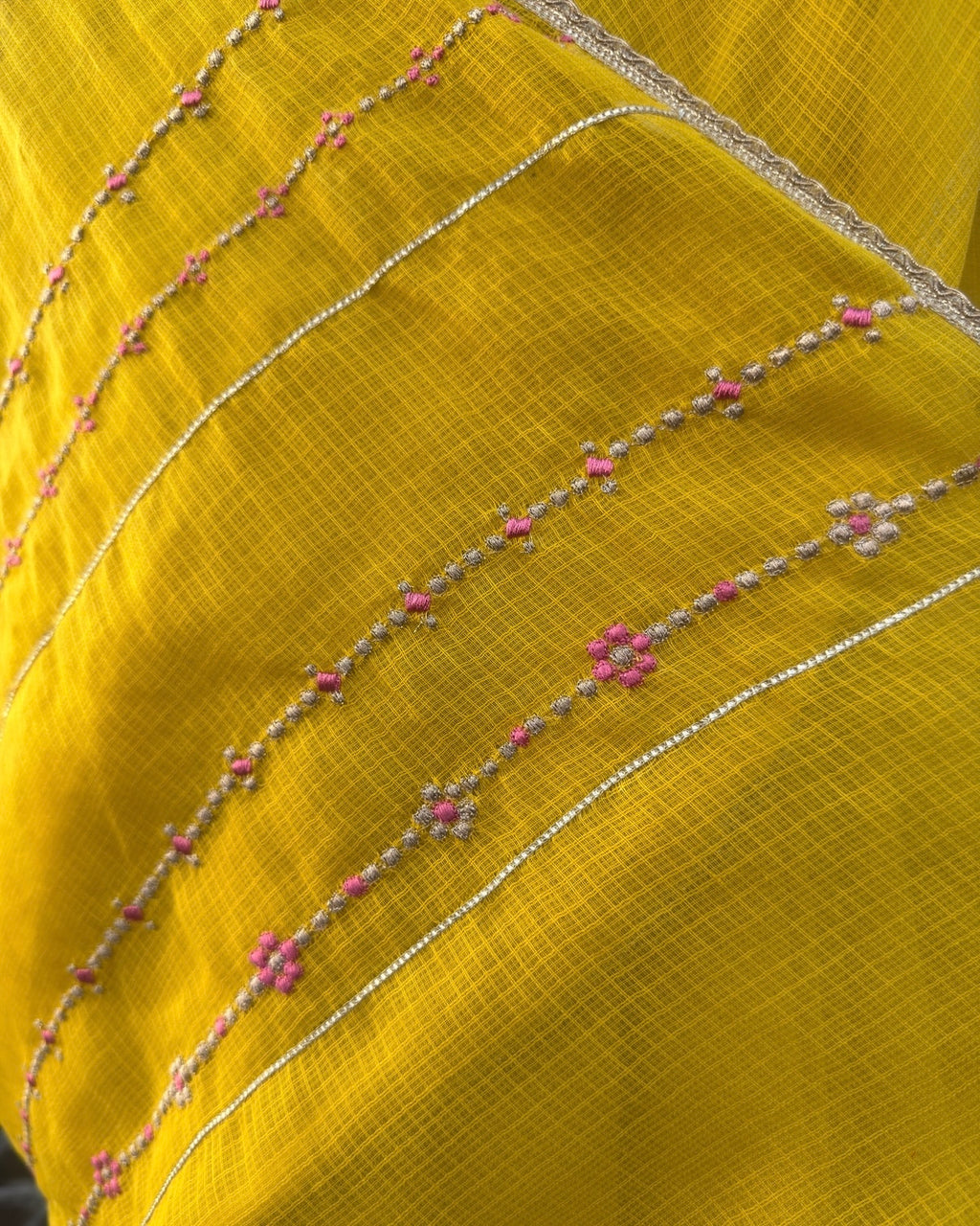 Jhumki | Yellow Embroidered Kota Doria Saree