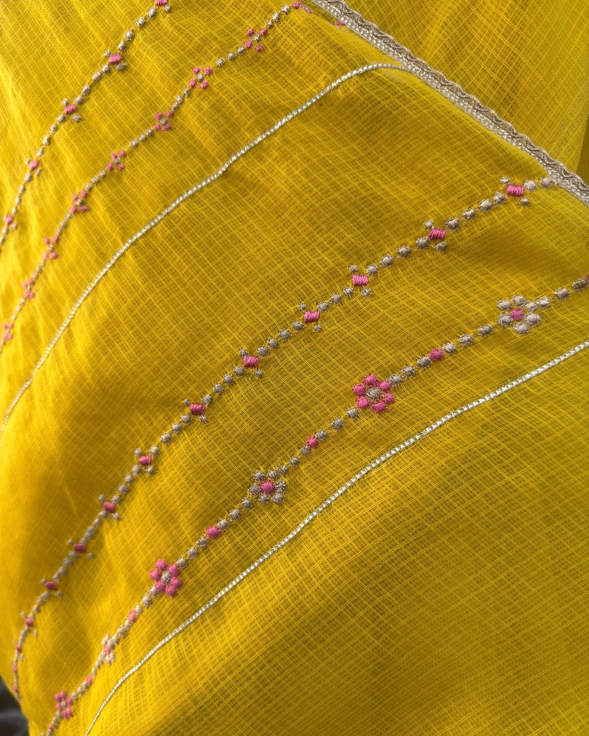 Jhumki | Yellow Embroidered Kota Doria Saree