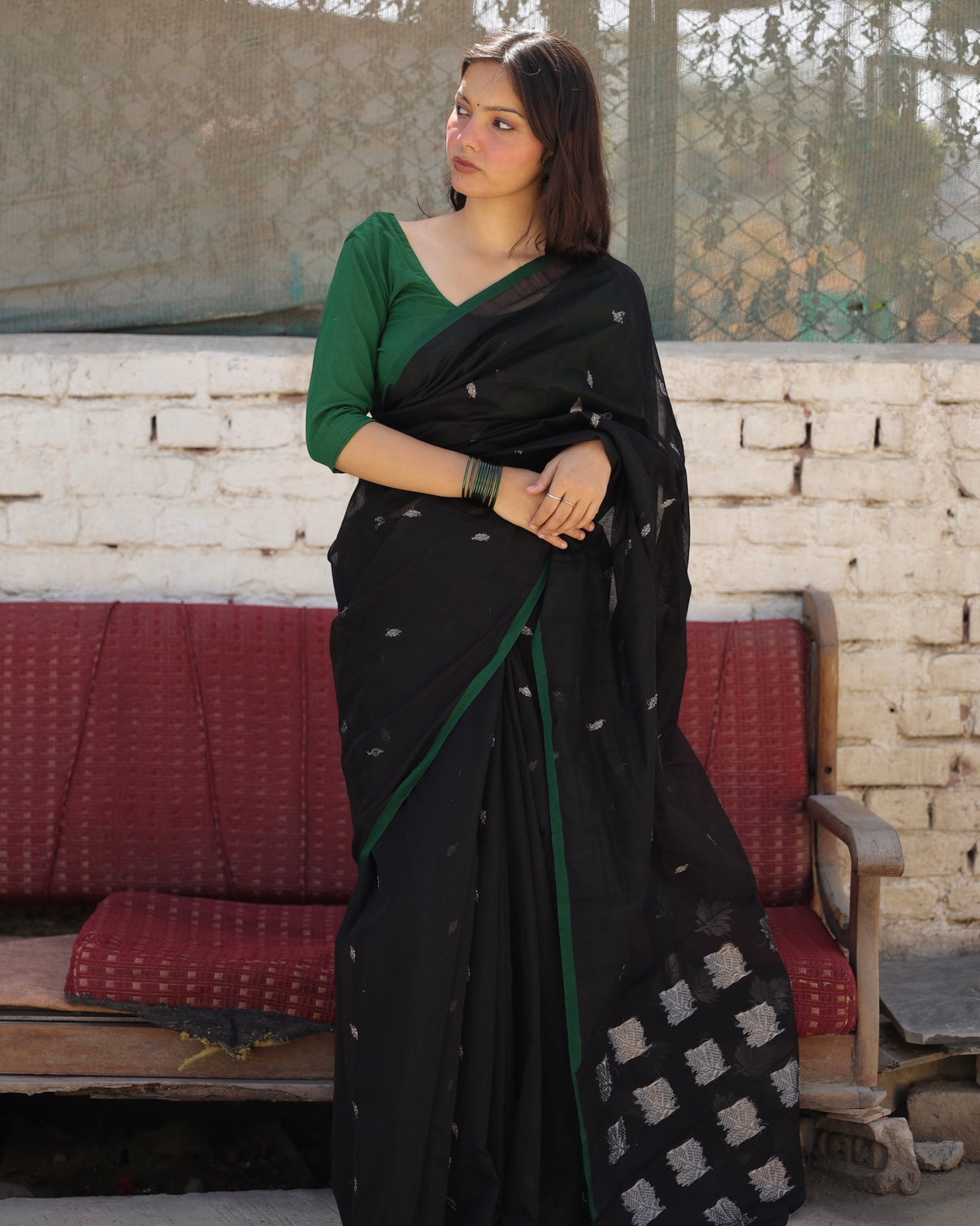 Chinar | Black Chanderi Saree with Silver Booti