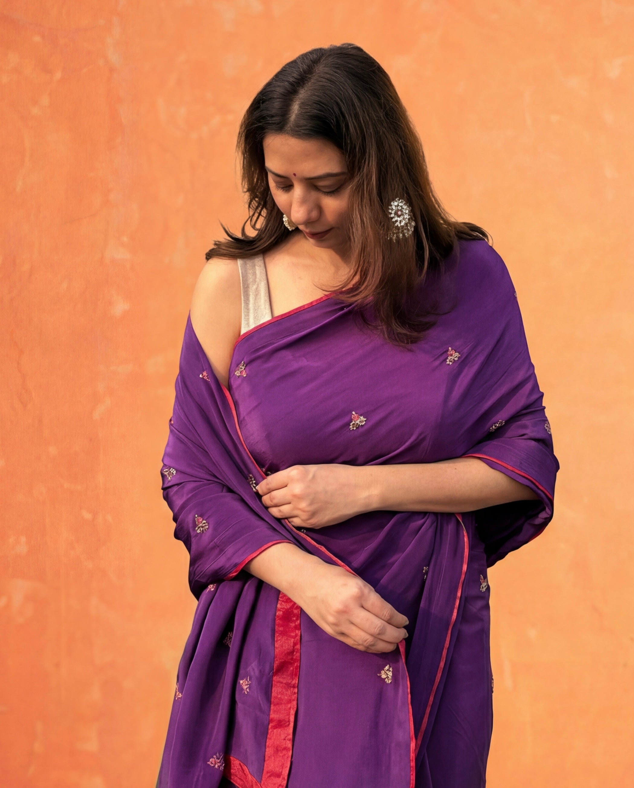 Jamun | Purple Viscose Crepe Hand Embroidered saree