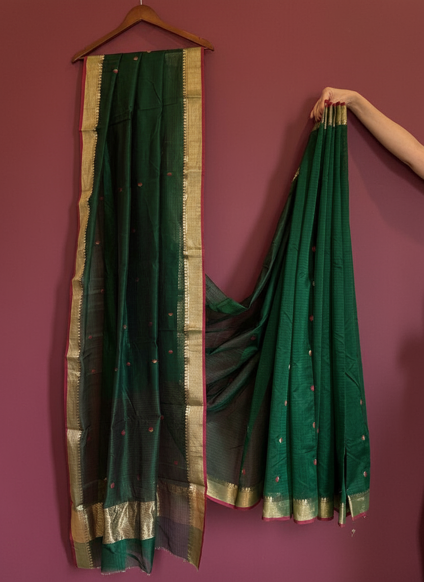 Hari Bhari | Green Chanderi Silk Saree with Red and Gold booti