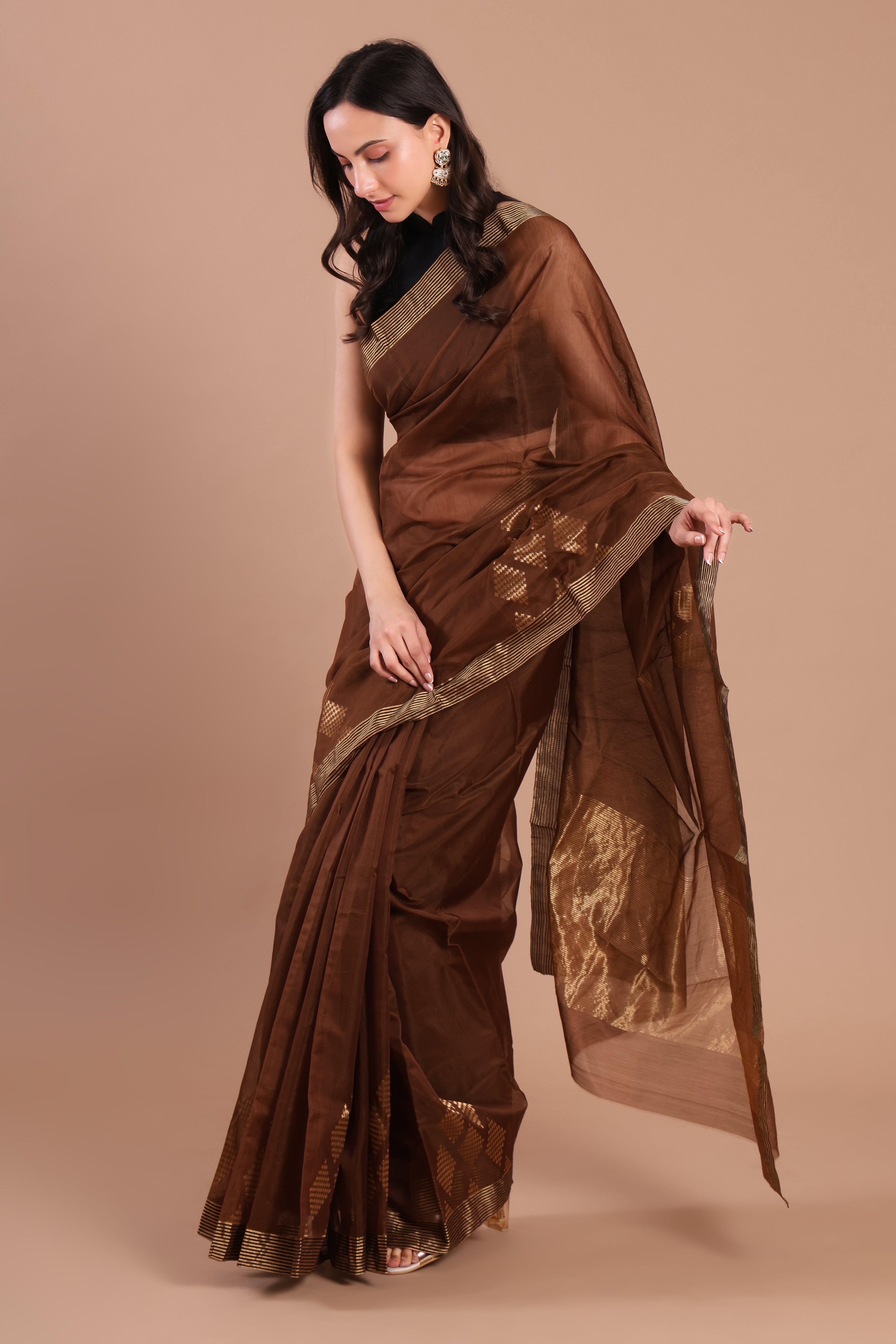 Sheeri | Brown Chanderi Silk Saree with Motifs