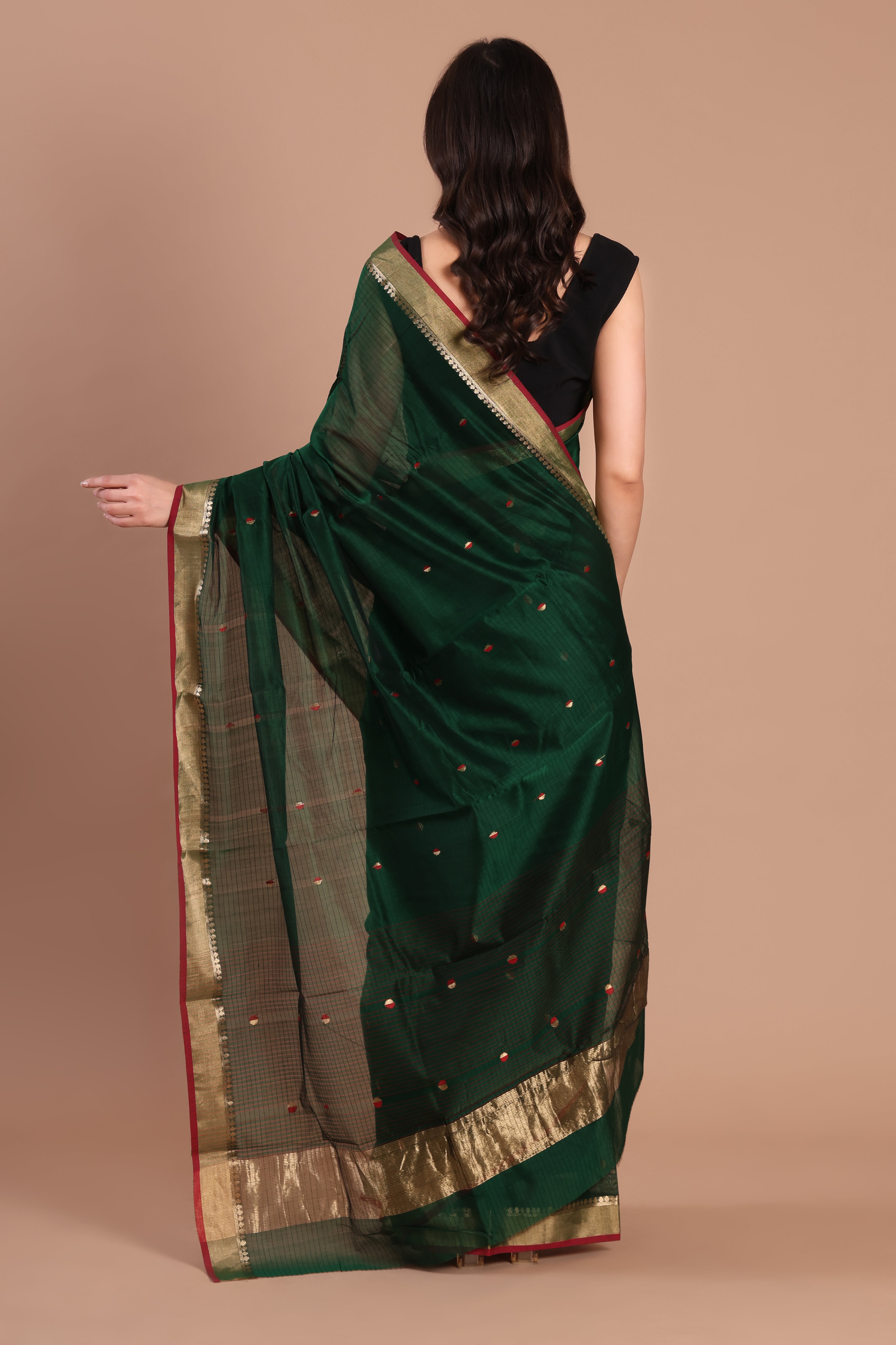 Hari Bhari | Green Chanderi Silk Saree with Red and Gold booti