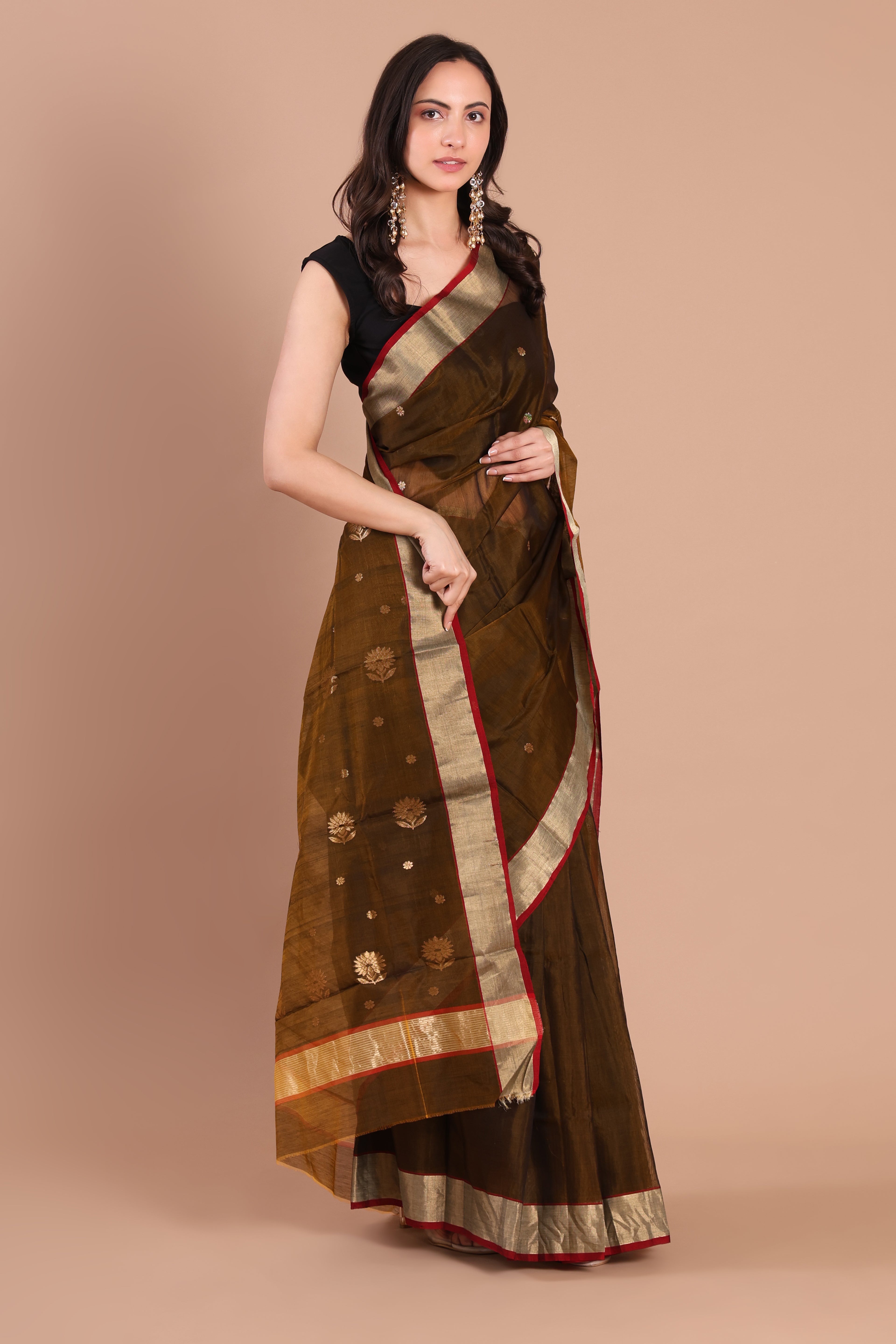 Heena |  Mehendi Green Chanderi Silk Saree with Gold Flower Motifs