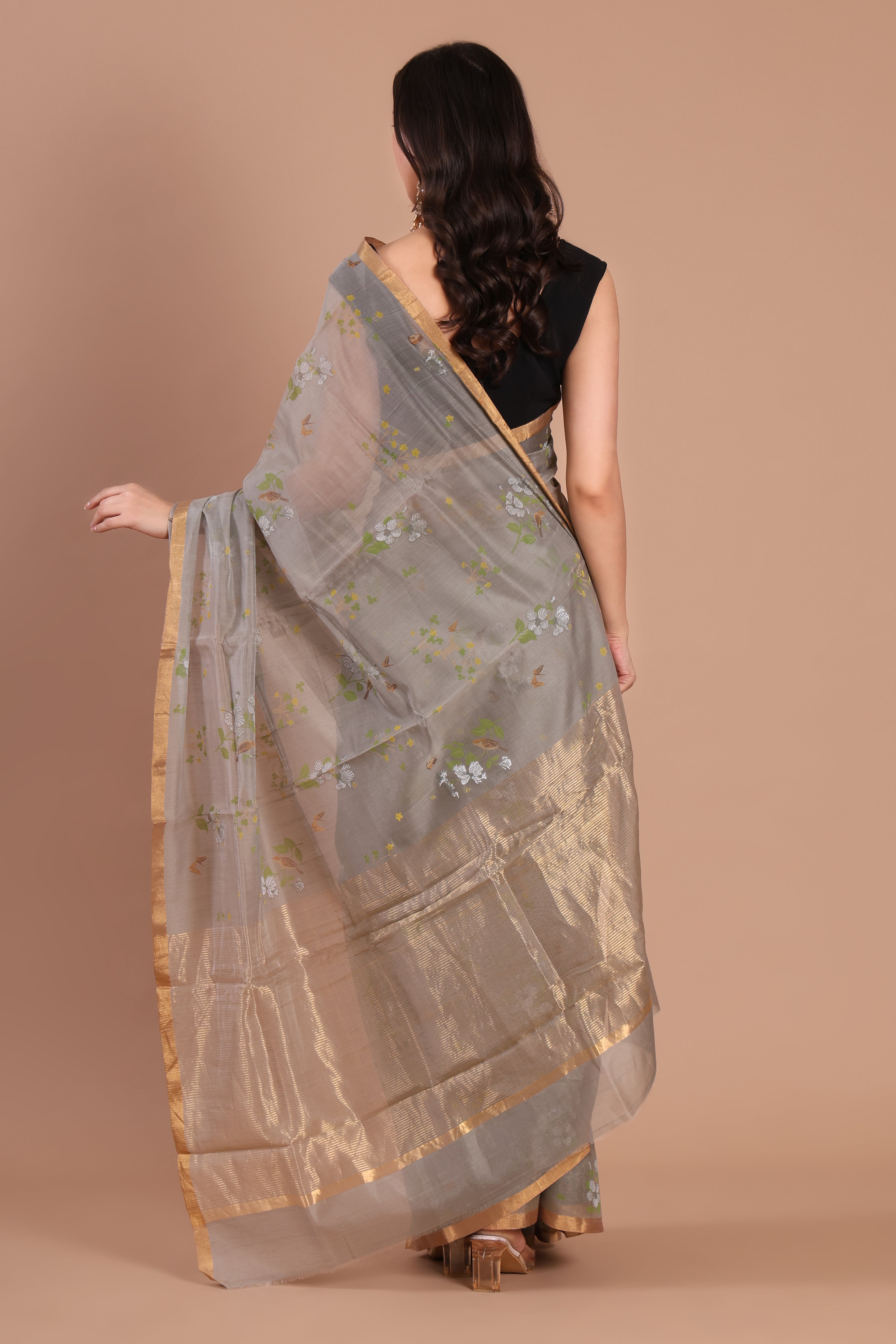 Baagh | Grey Chanderi Silk Saree with Block Print