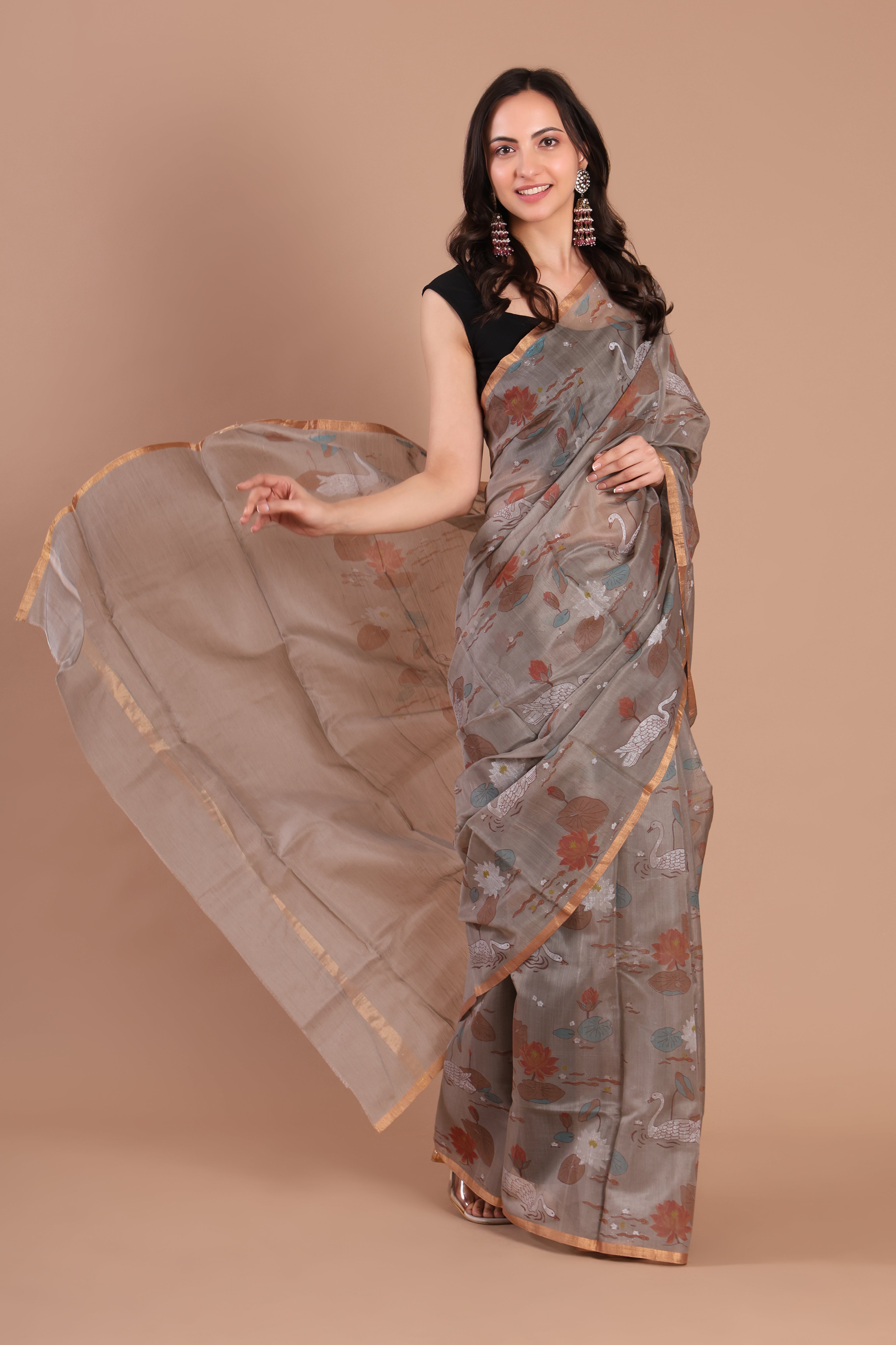 Jhumri | Grey Chanderi Silk Saree with Block Print