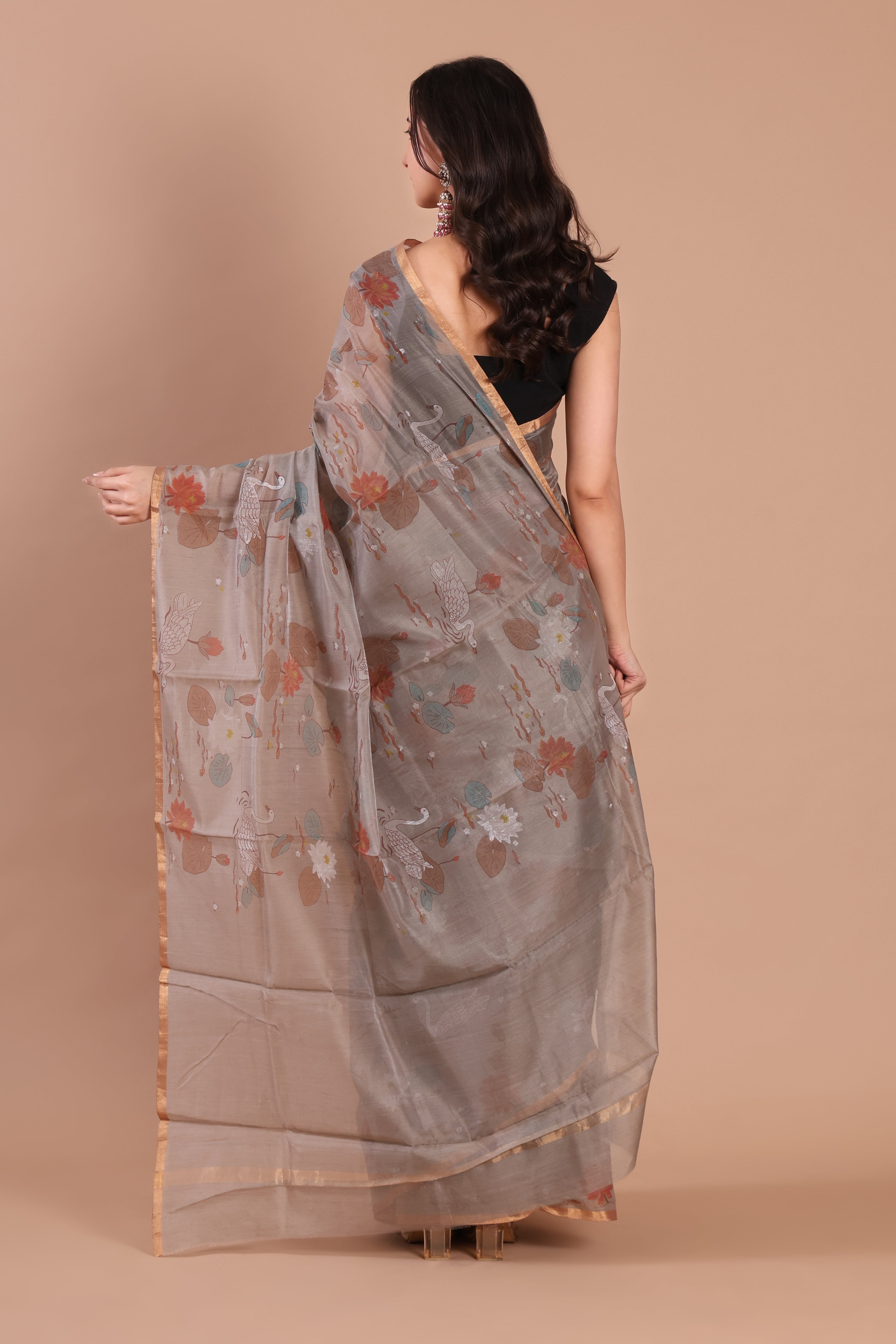 Jhumri | Grey Chanderi Silk Saree with Block Print