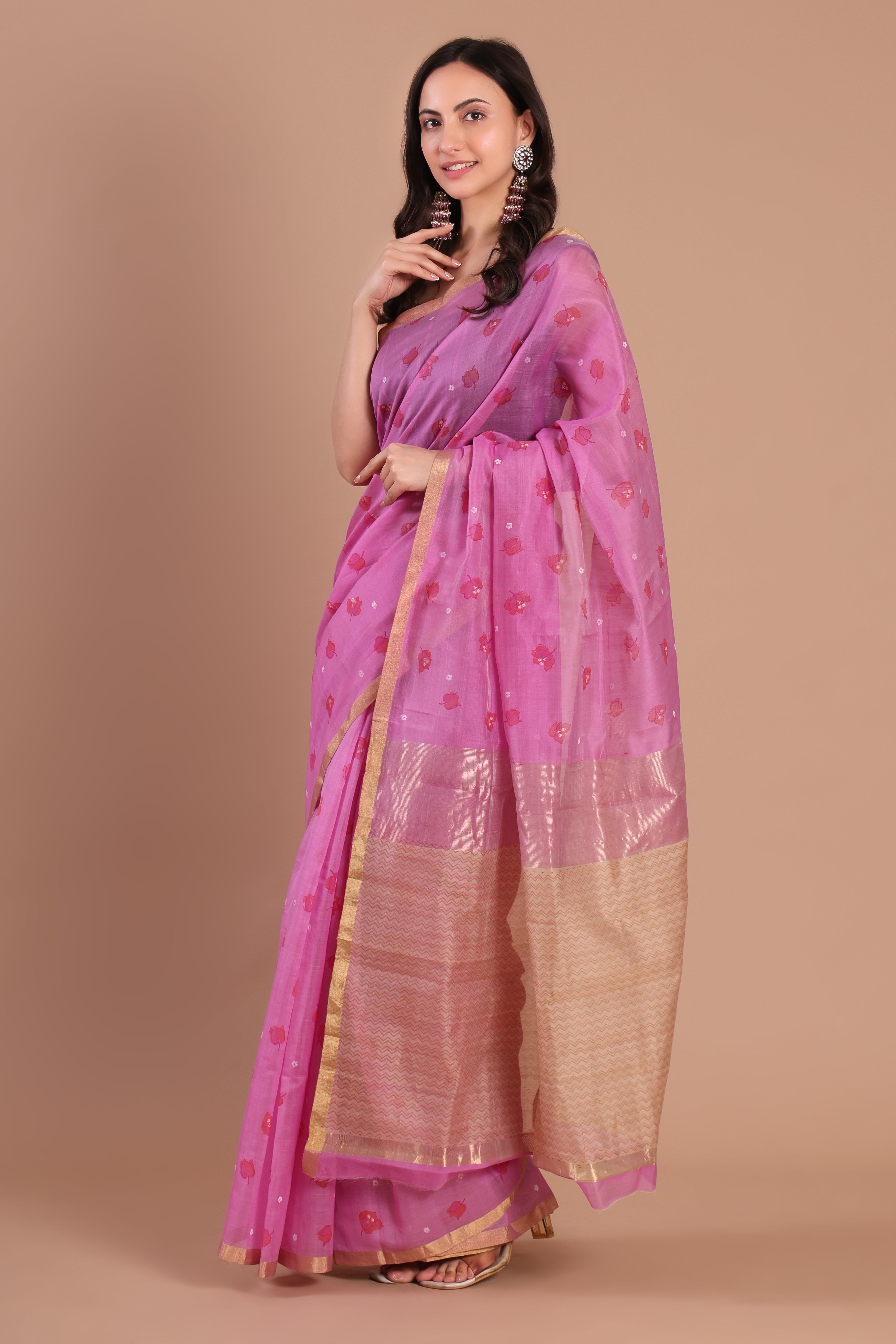 Bougainvillea | Rani Pink Chanderi Silk Saree with Block Print
