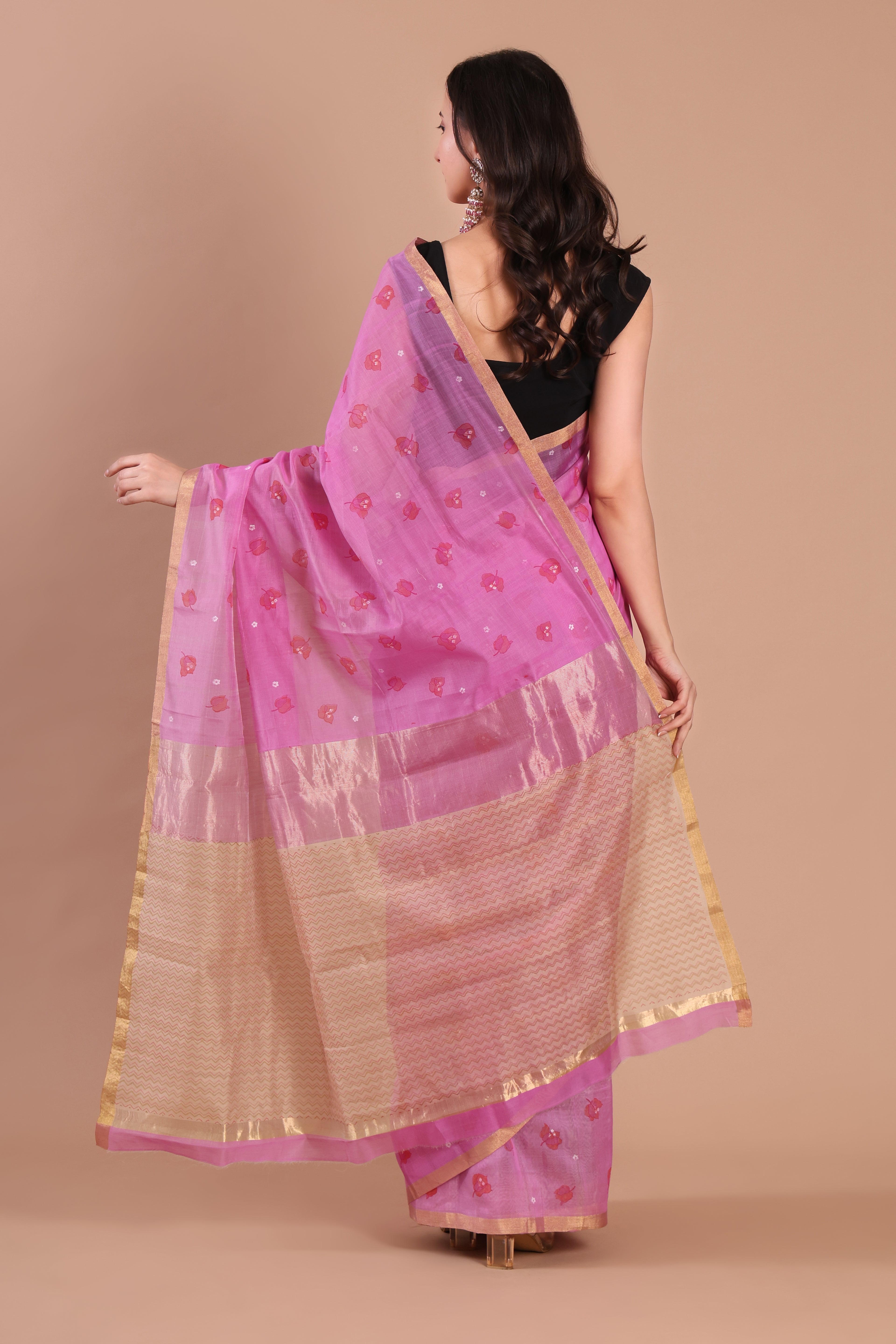 Bougainvillea | Rani Pink Chanderi Silk Saree with Block Print