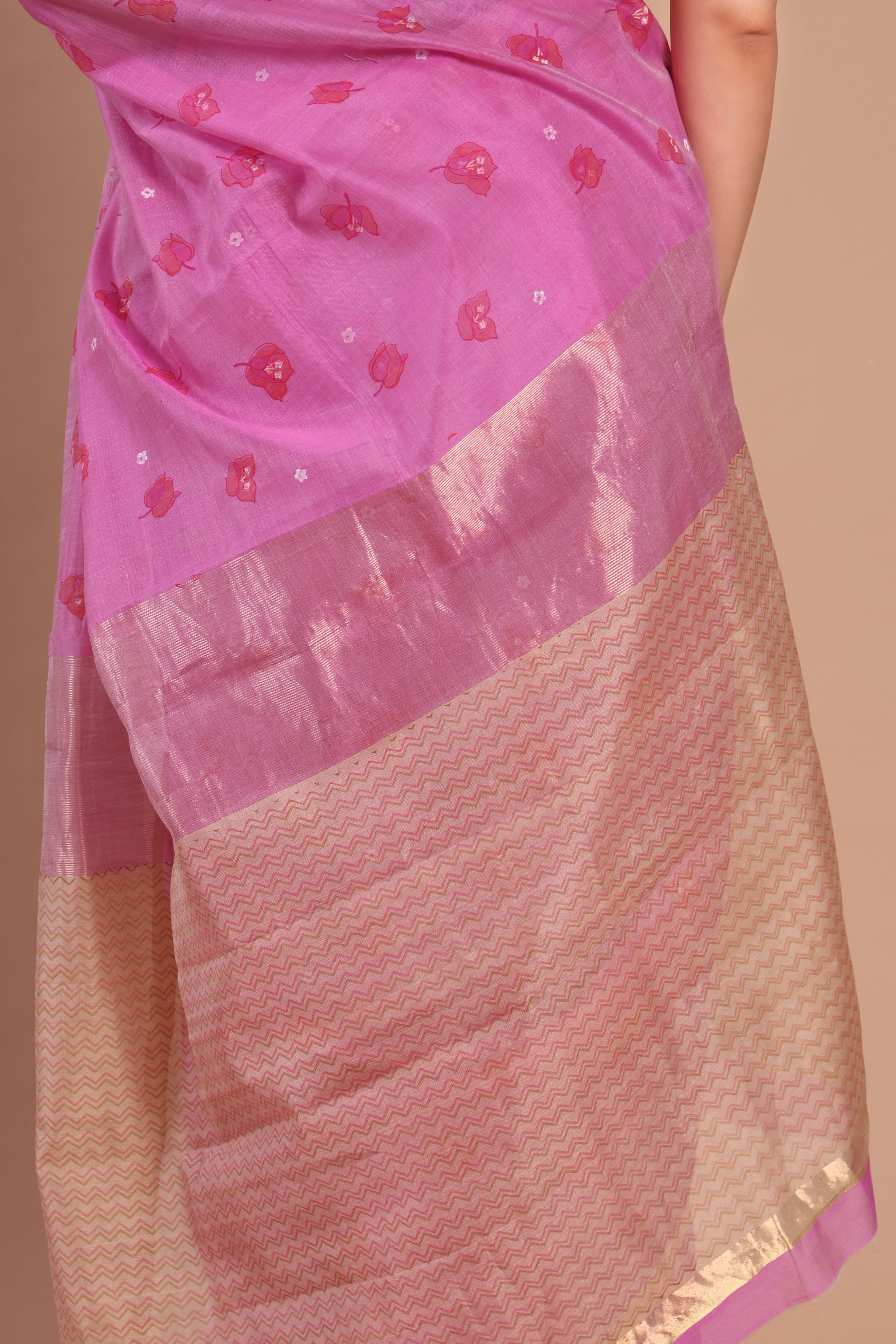Bougainvillea | Rani Pink Chanderi Silk Saree with Block Print