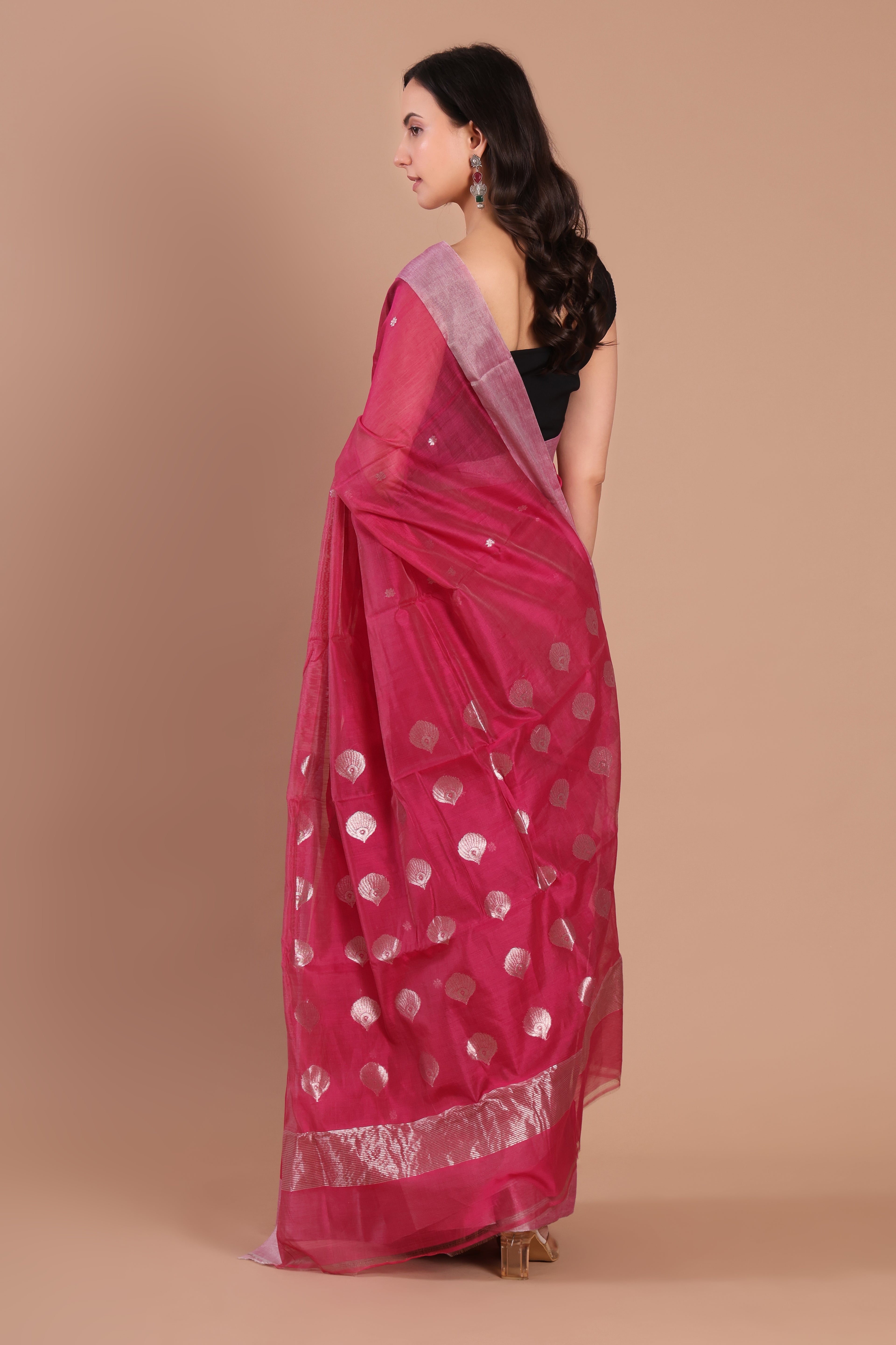 Chaandi | Pink Chanderi Silk Saree with Silver Motifs