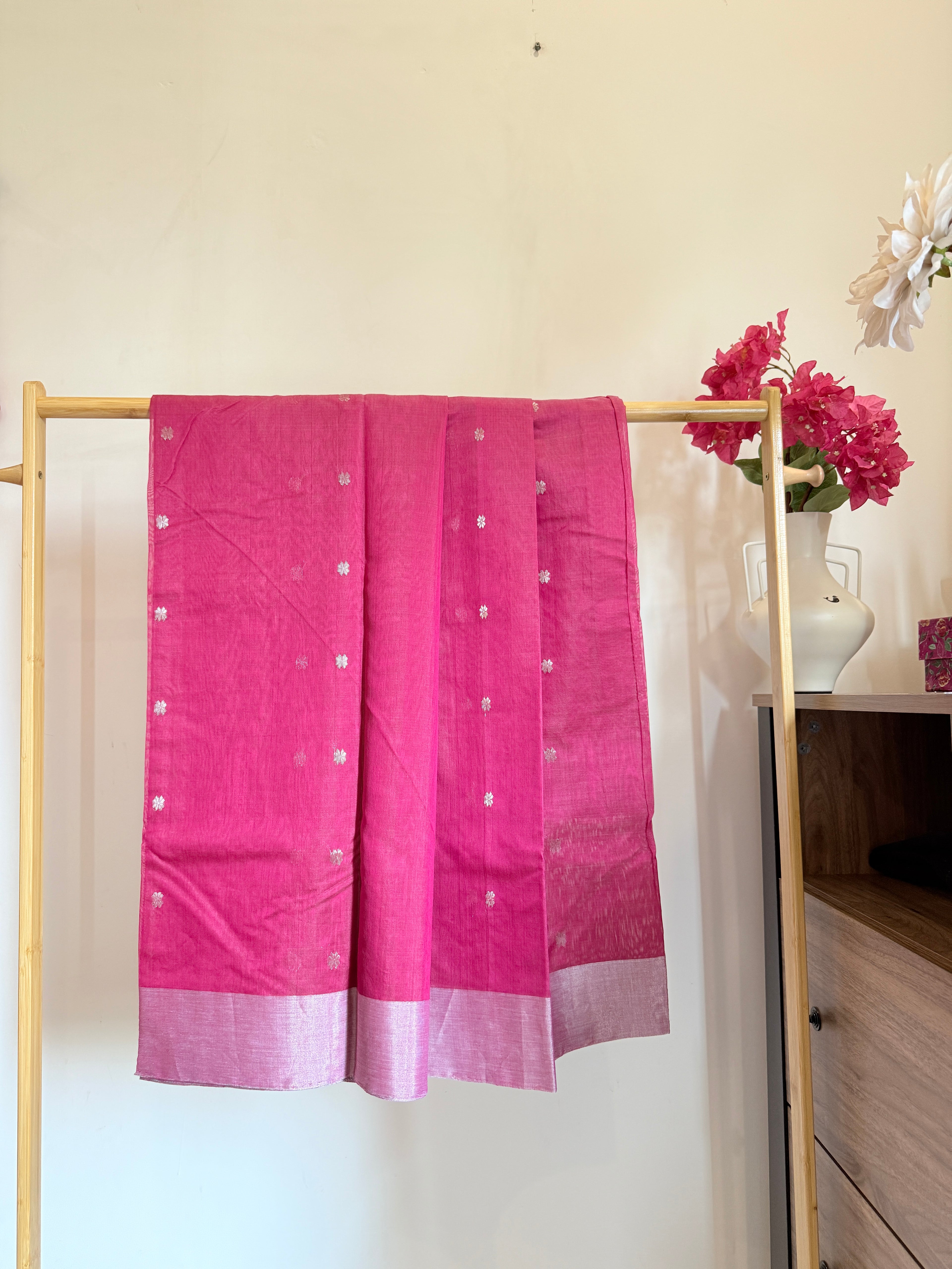 Chaandi | Pink Chanderi Silk Saree with Silver Motifs