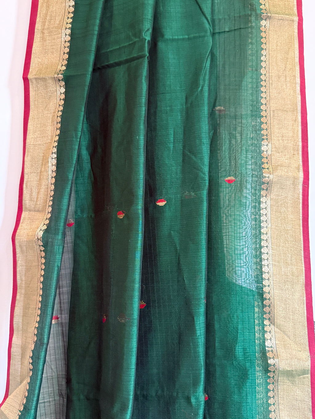 Hari Bhari | Green Chanderi Silk Saree with Red and Gold booti
