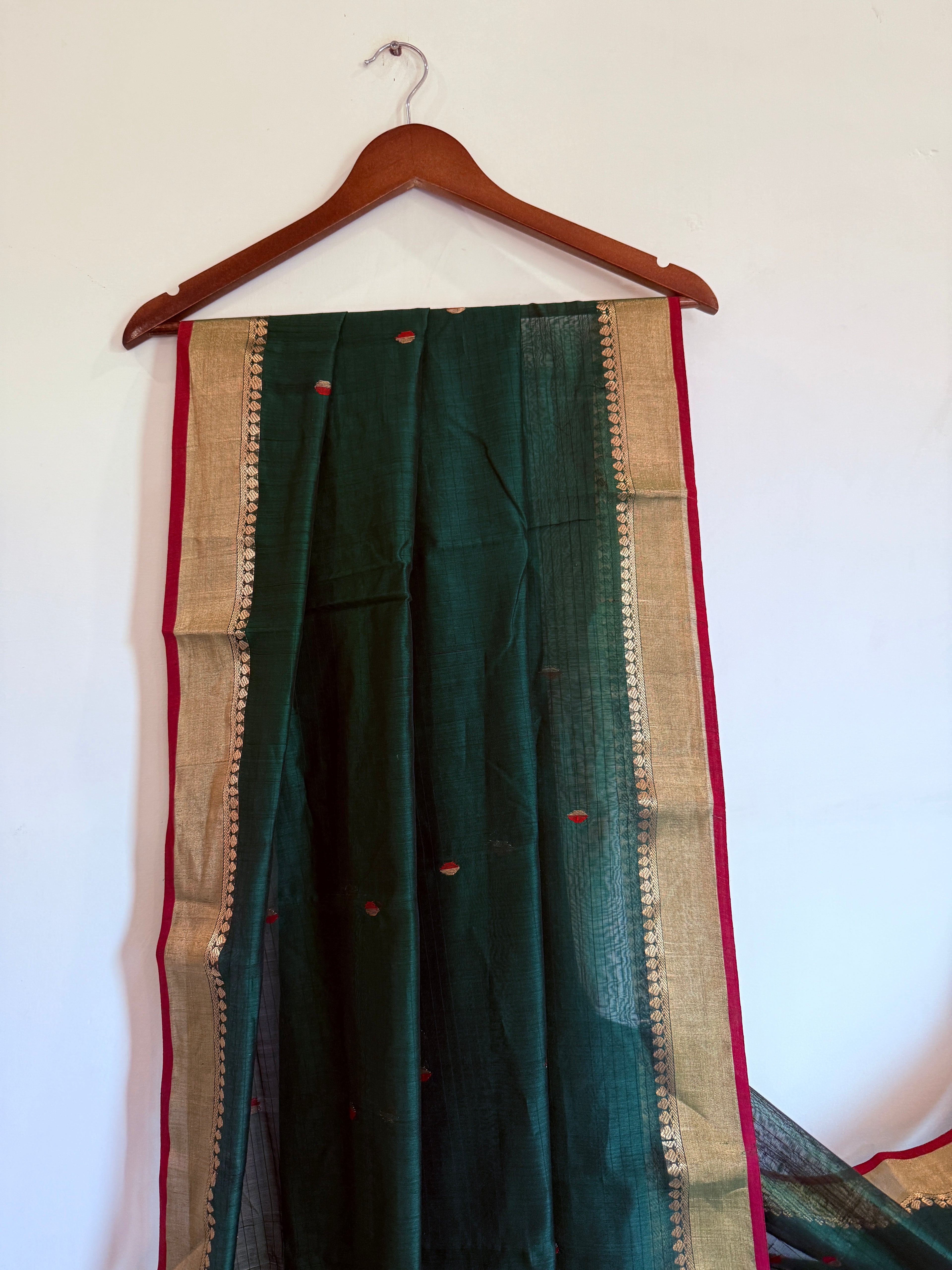 Hari Bhari | Green Chanderi Silk Saree with Red and Gold booti