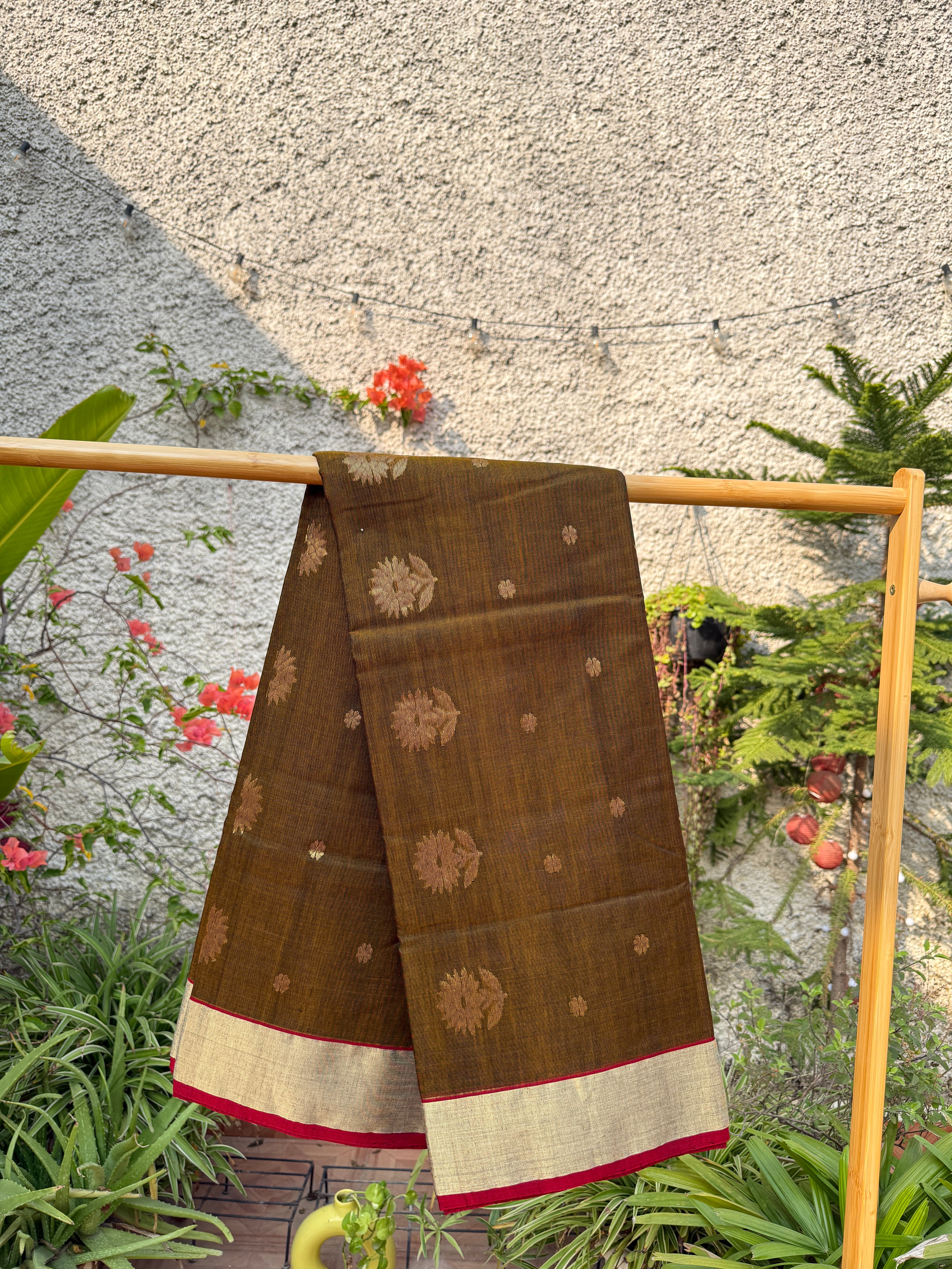 Heena |  Mehendi Green Chanderi Silk Saree with Gold Flower Motifs