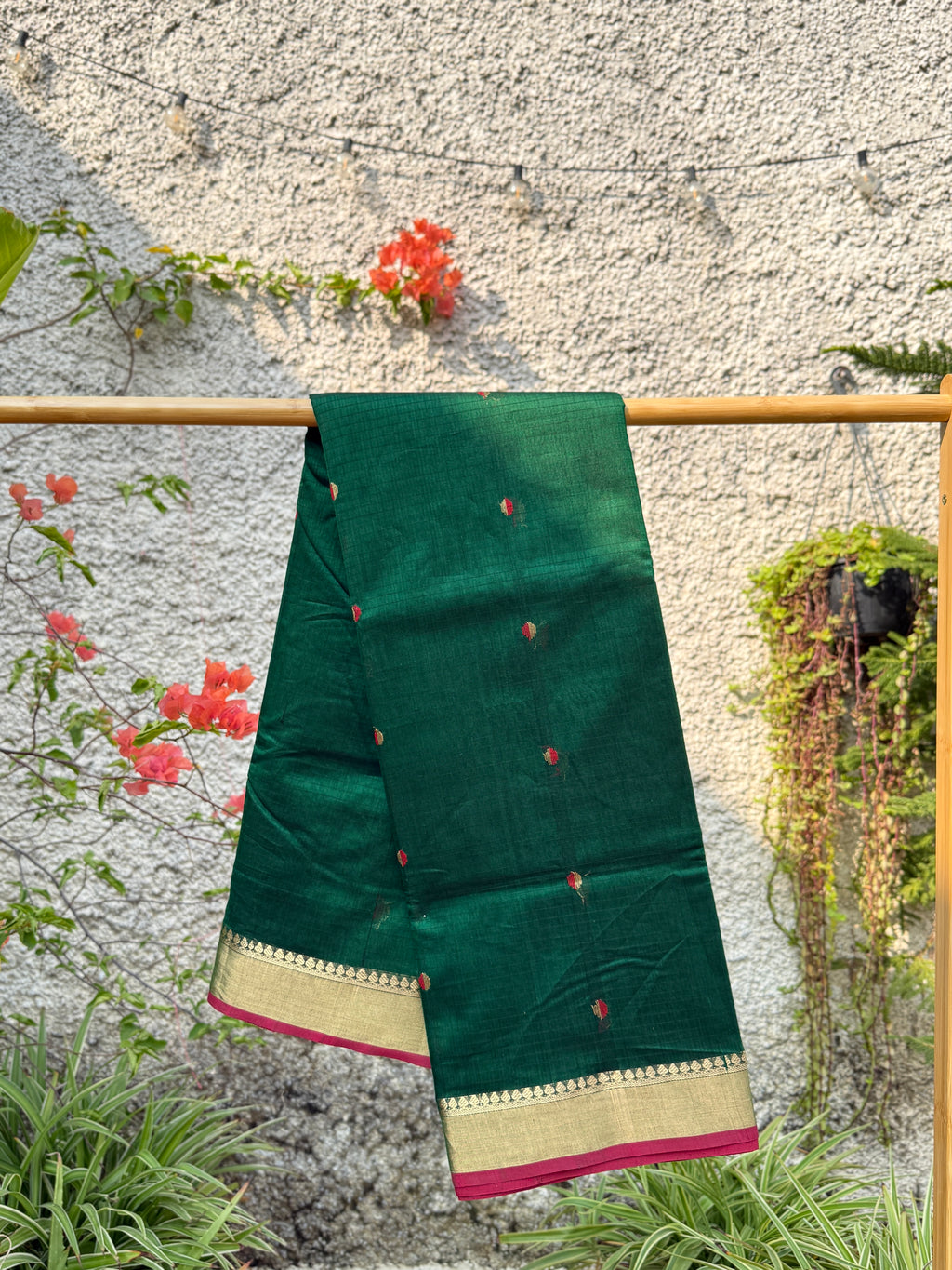 Hari Bhari | Green Chanderi Silk Saree with Red and Gold booti