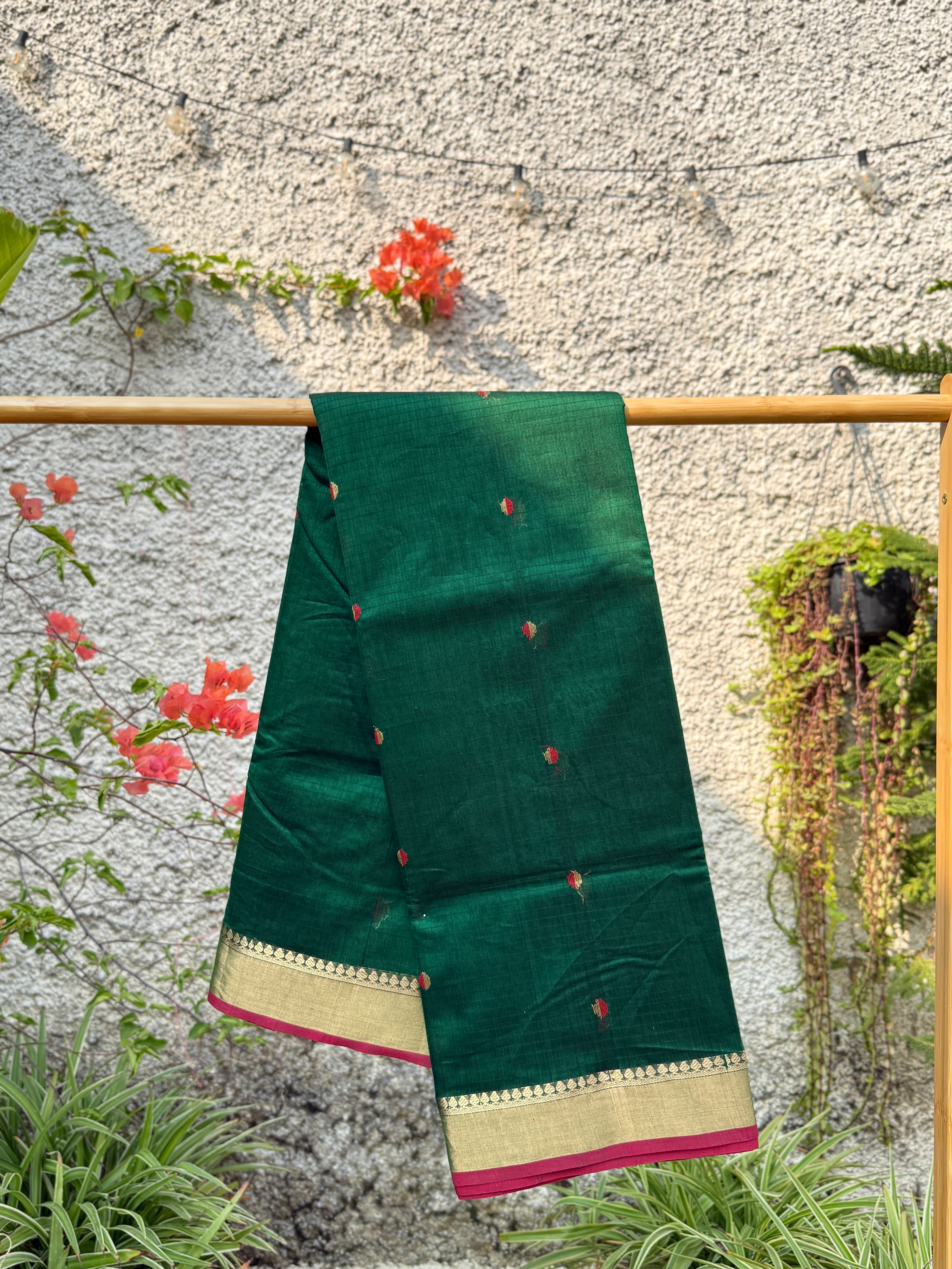 Hari Bhari | Green Chanderi Silk Saree with Red and Gold booti
