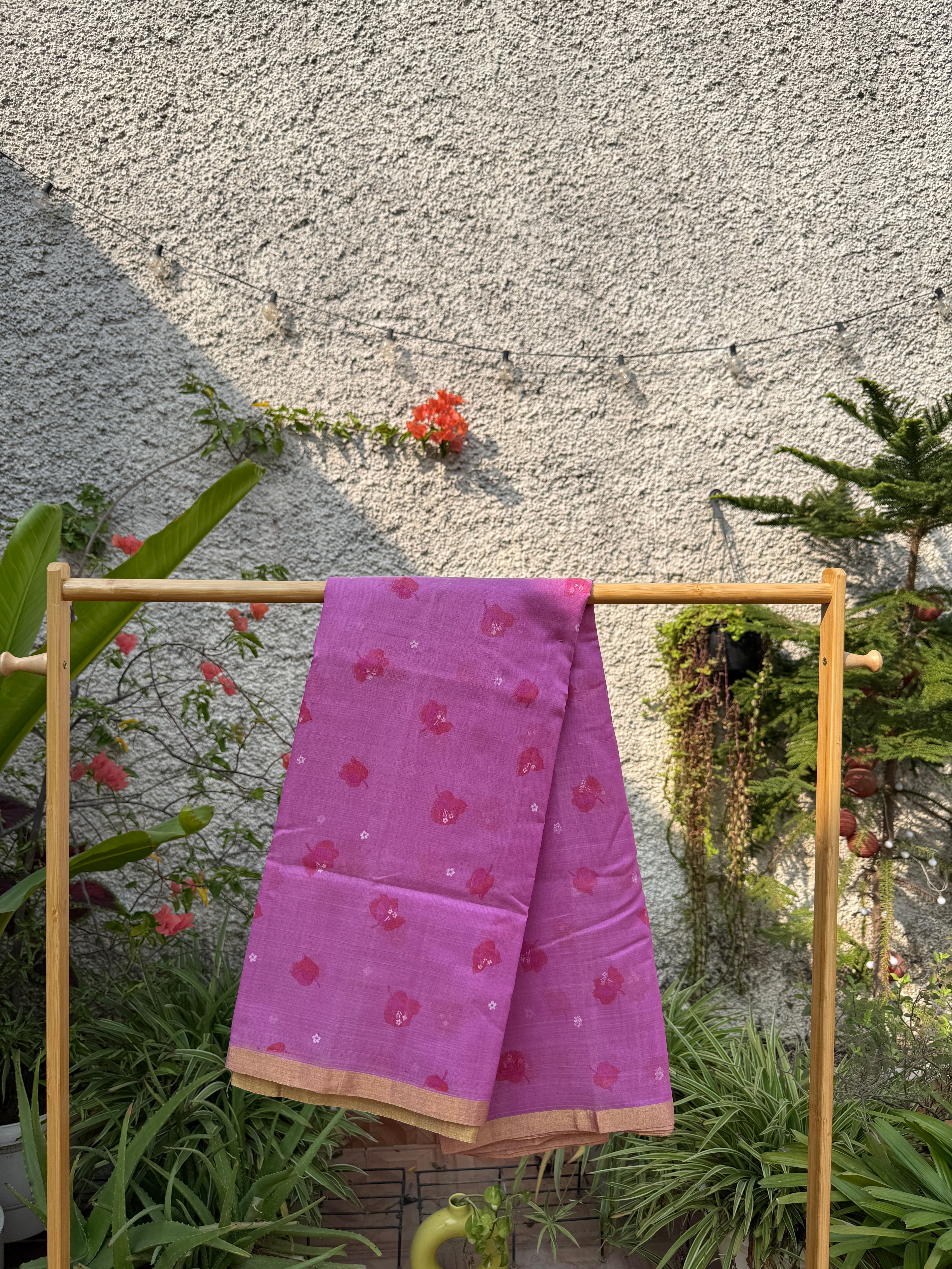 Bougainvillea | Rani Pink Chanderi Silk Saree with Block Print