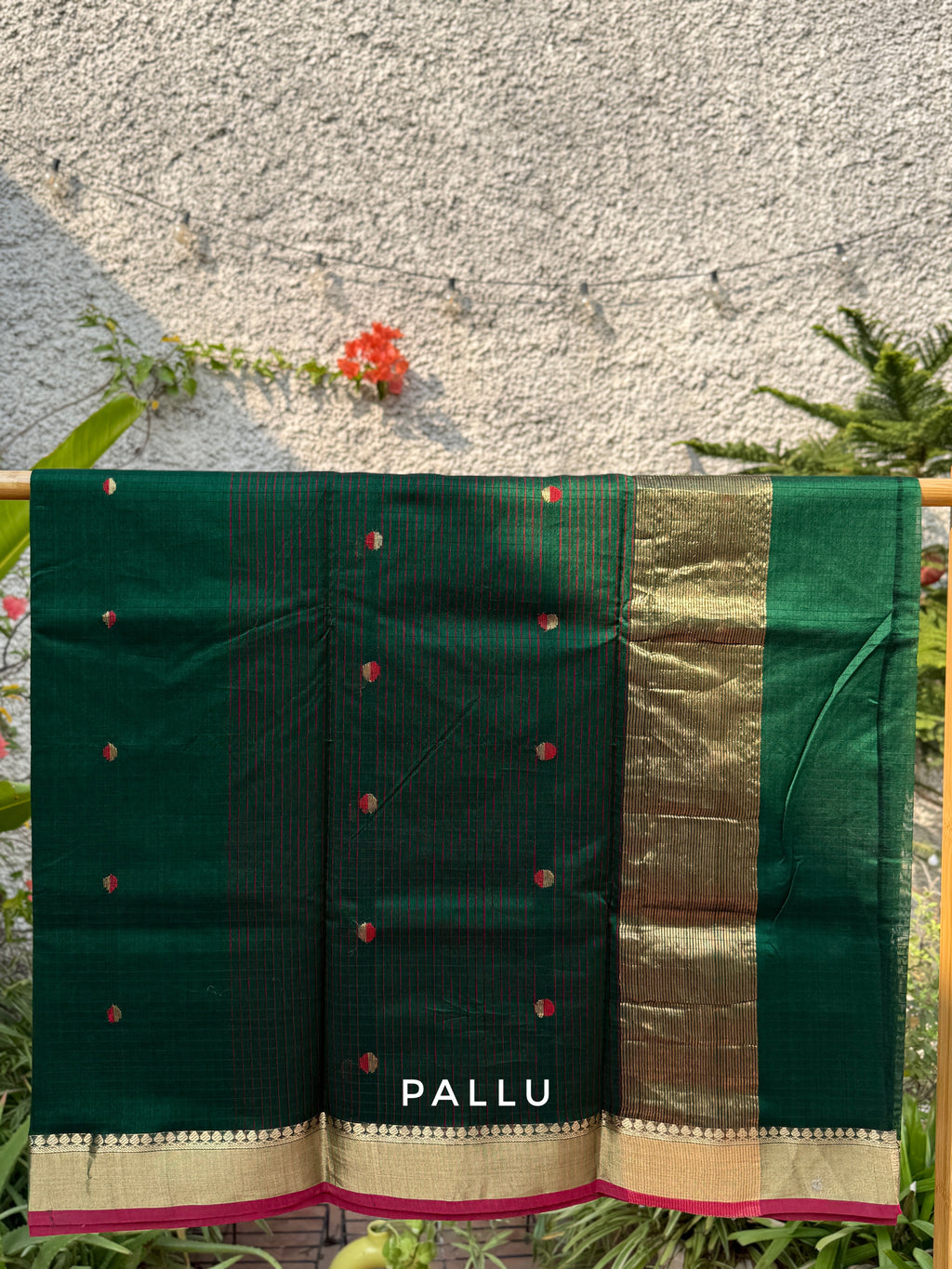 Hari Bhari | Green Chanderi Silk Saree with Red and Gold booti