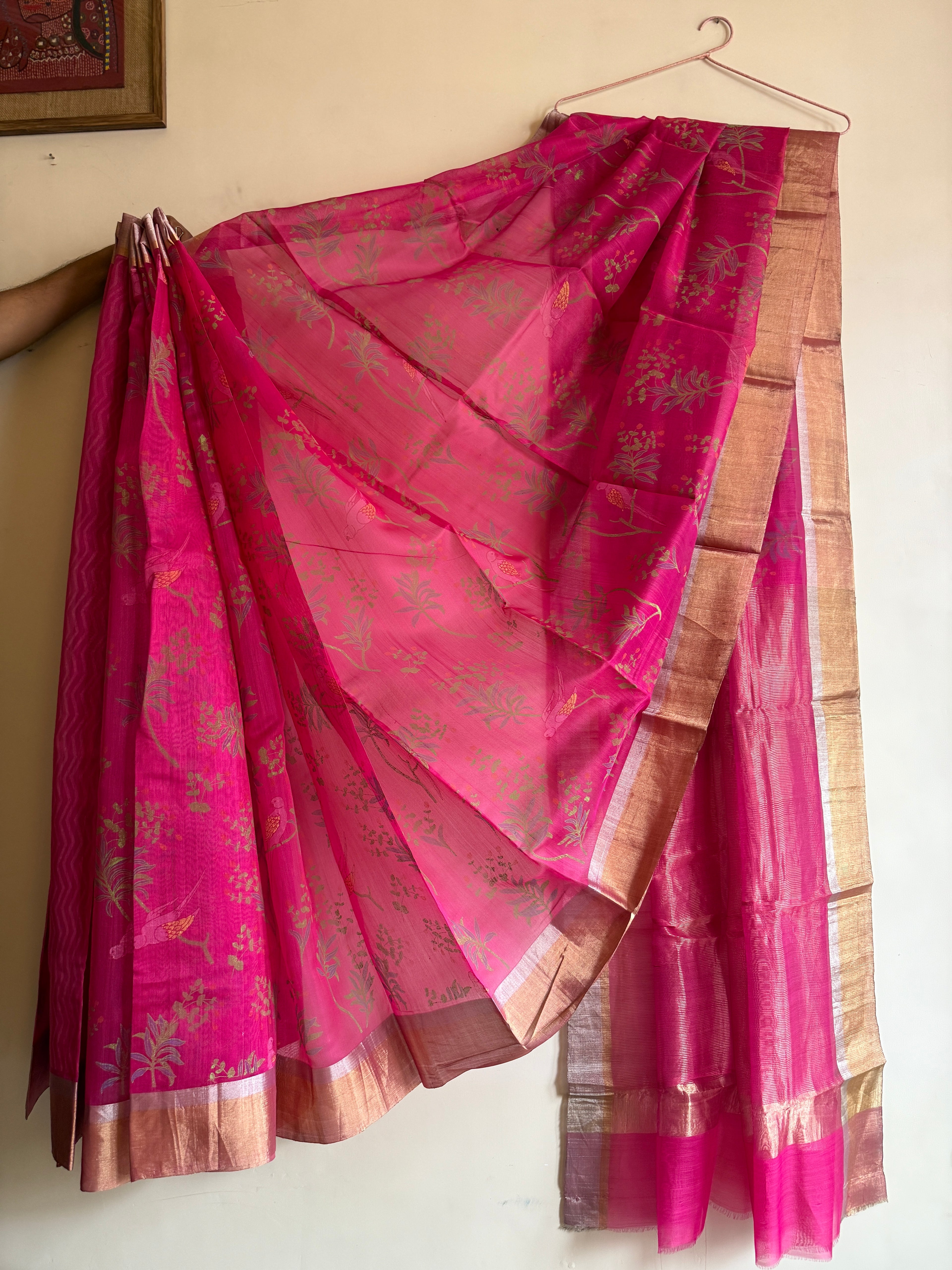 Rangeeli | Magenta Chanderi Silk Saree with Block Print