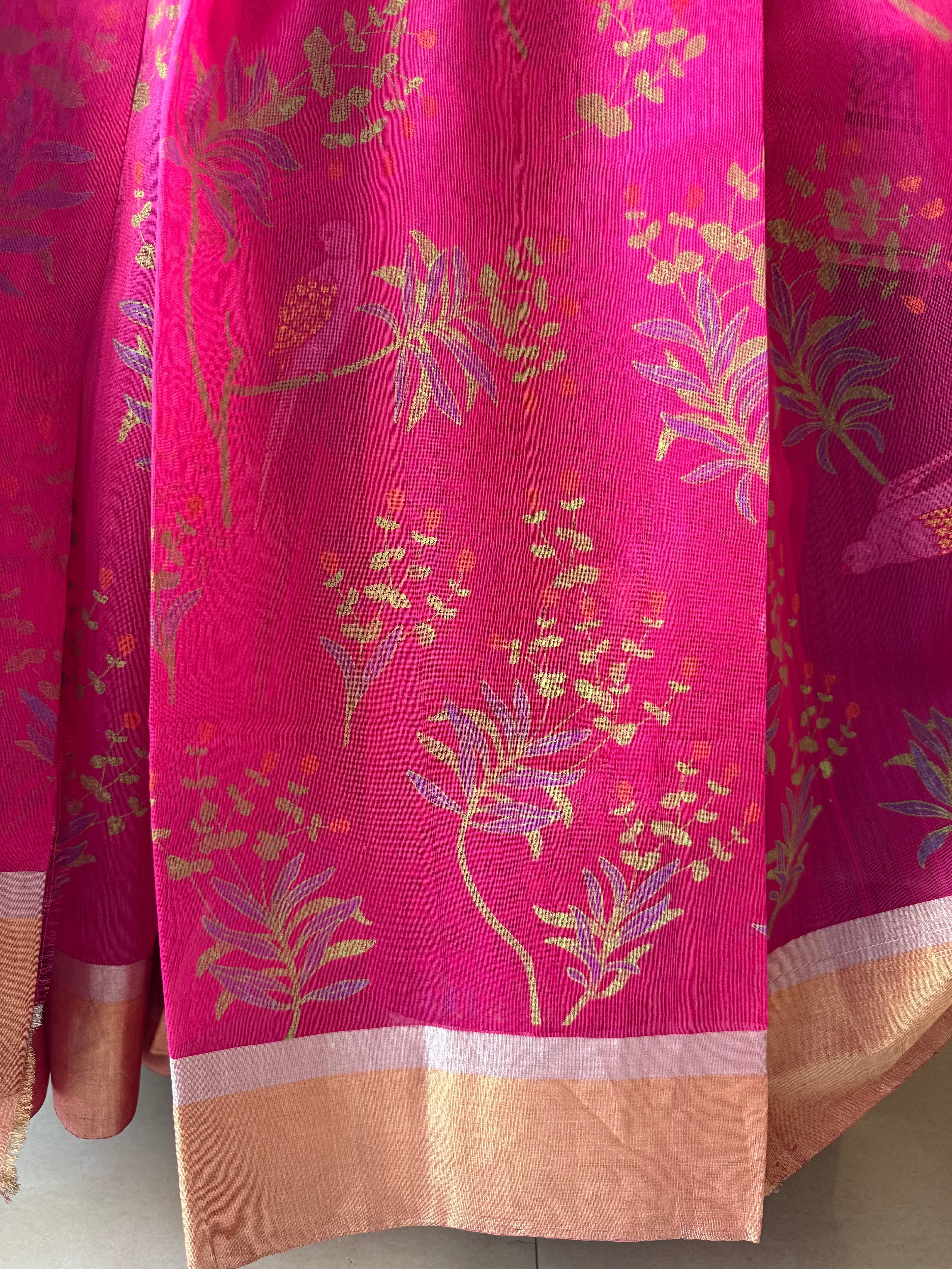 Rangeeli | Magenta Chanderi Silk Saree with Block Print
