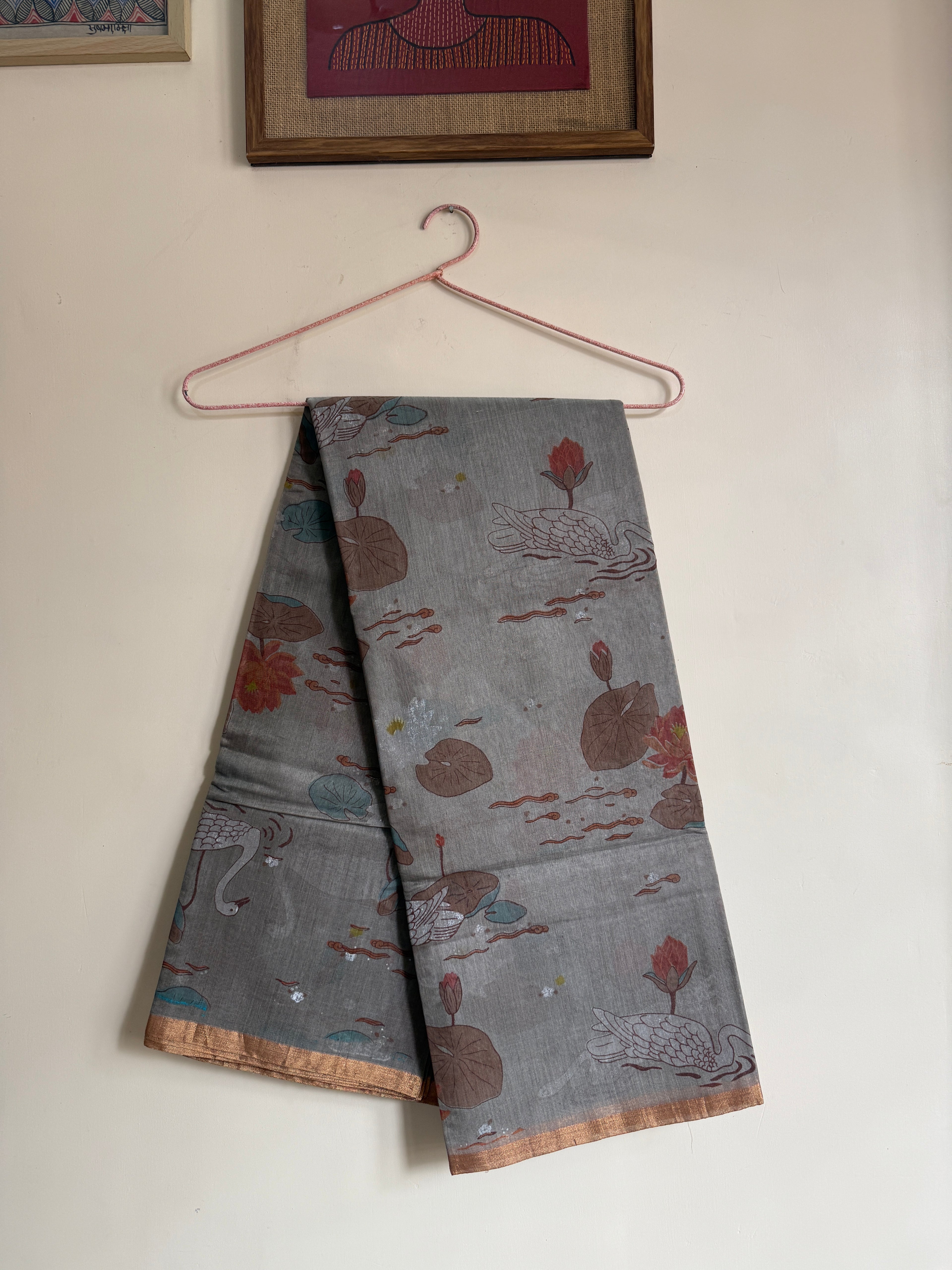 Jhumri | Grey Chanderi Silk Saree with Block Print
