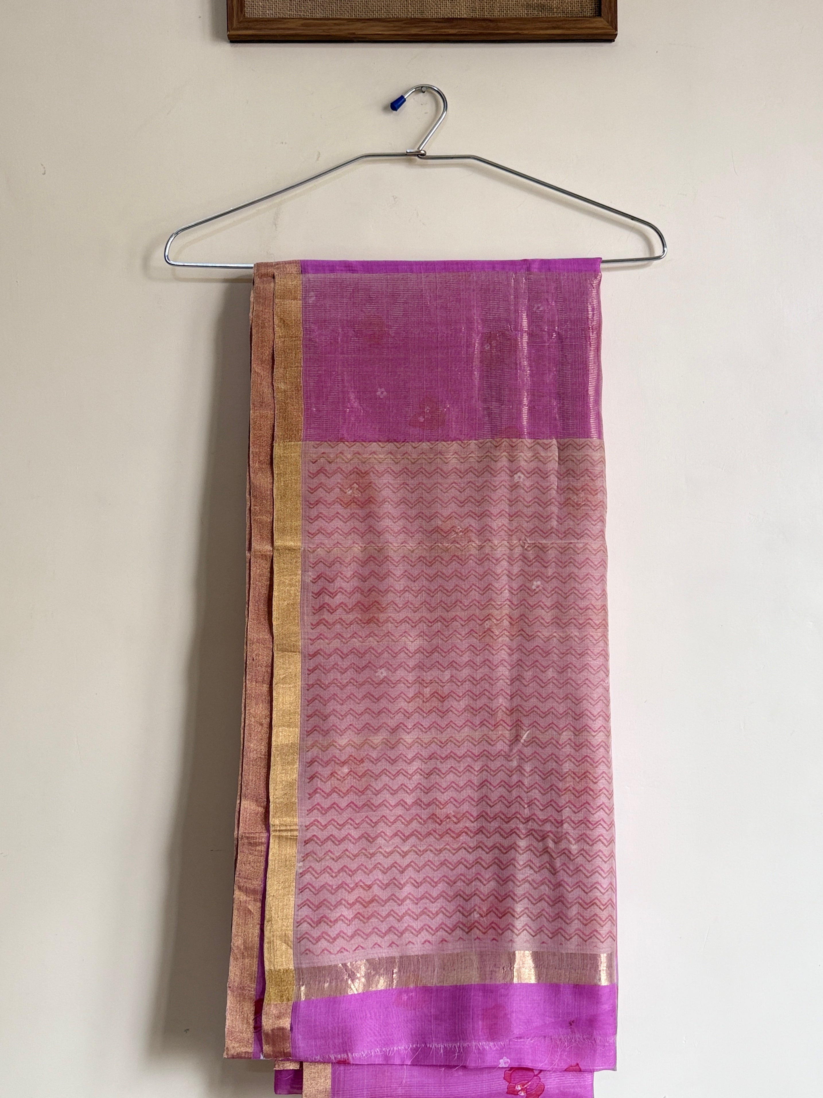 Bougainvillea | Rani Pink Chanderi Silk Saree with Block Print