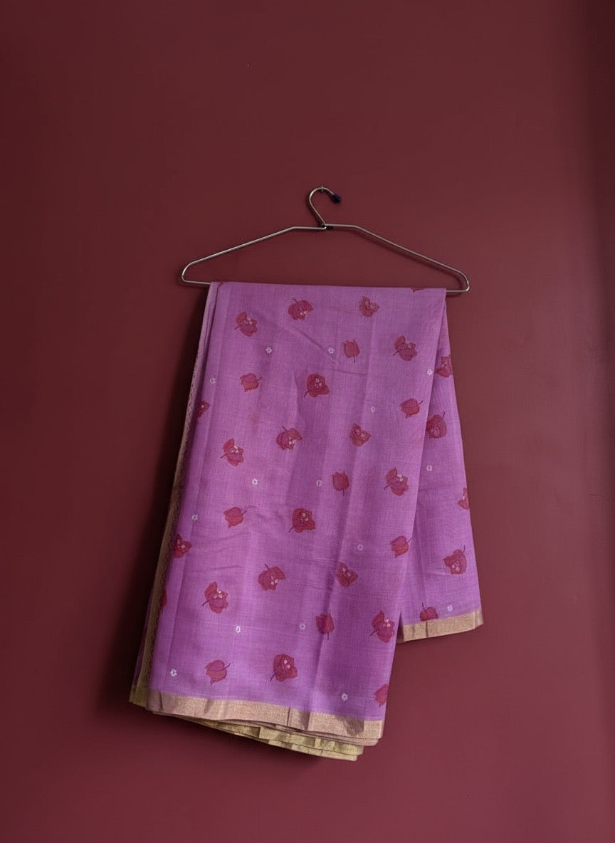 Bougainvillea | Rani Pink Chanderi Silk Saree with Block Print