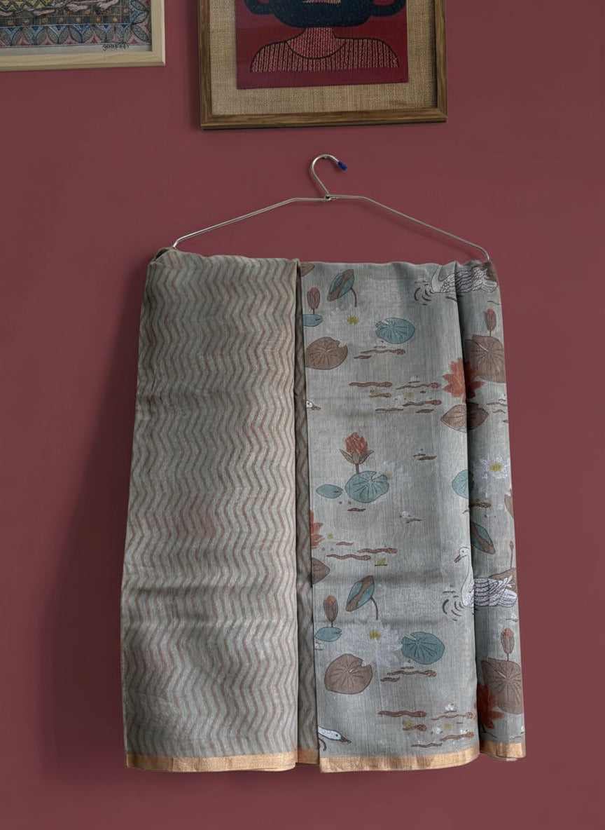 Jhumri | Grey Chanderi Silk Saree with Block Print