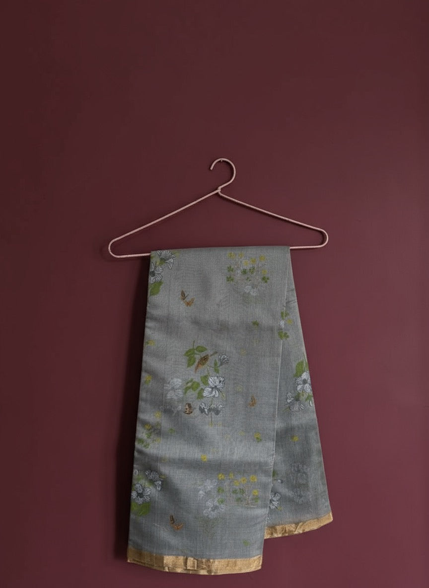 Baagh | Grey Chanderi Silk Saree with Block Print