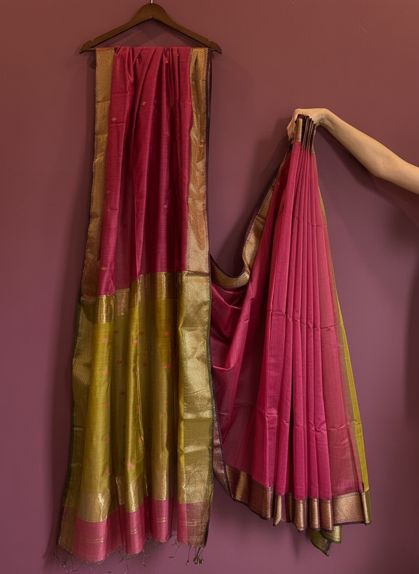 Gulab | Pink Chanderi Silk Saree with Contrast Pallu
