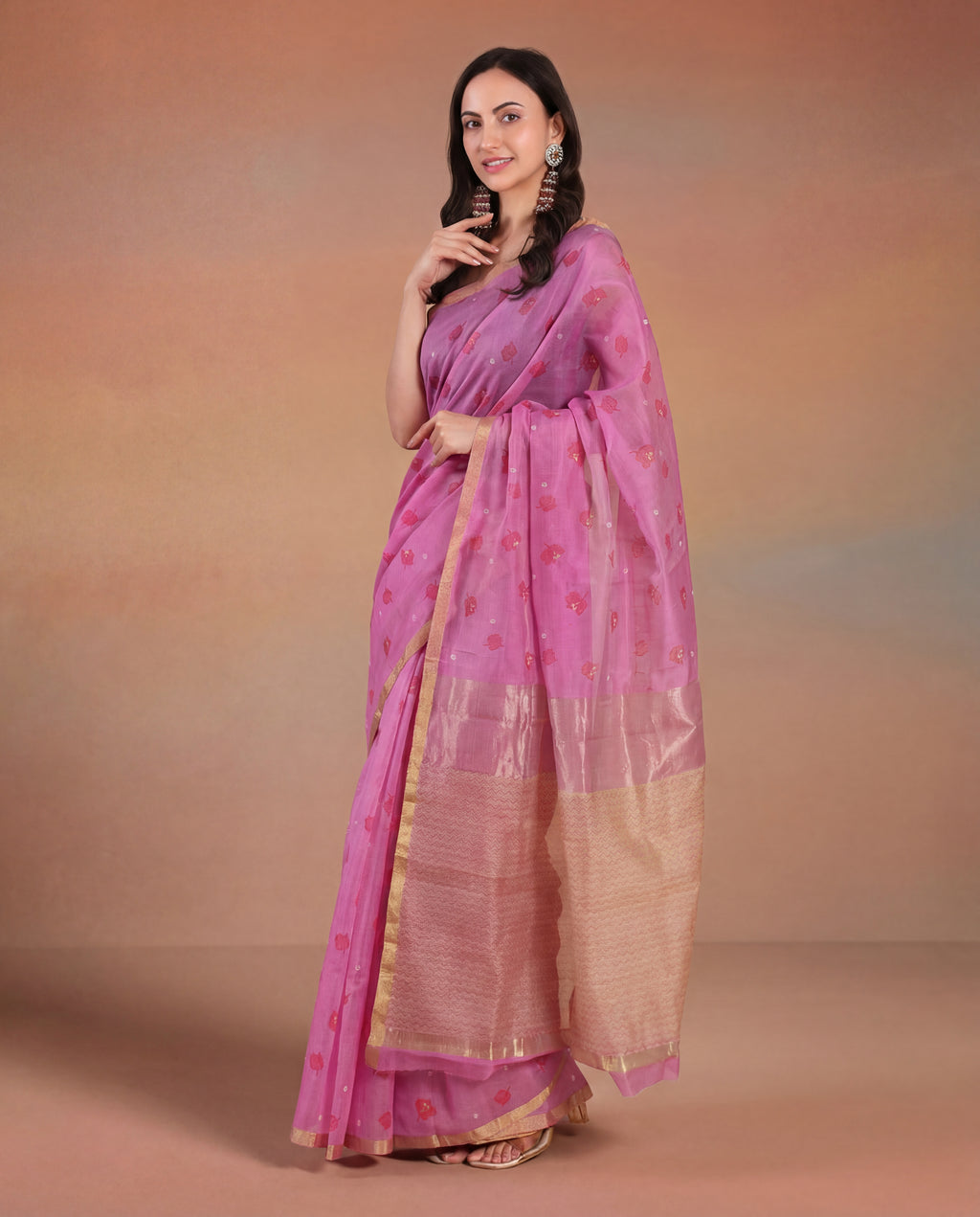 Bougainvillea | Rani Pink Chanderi Silk Saree with Block Print