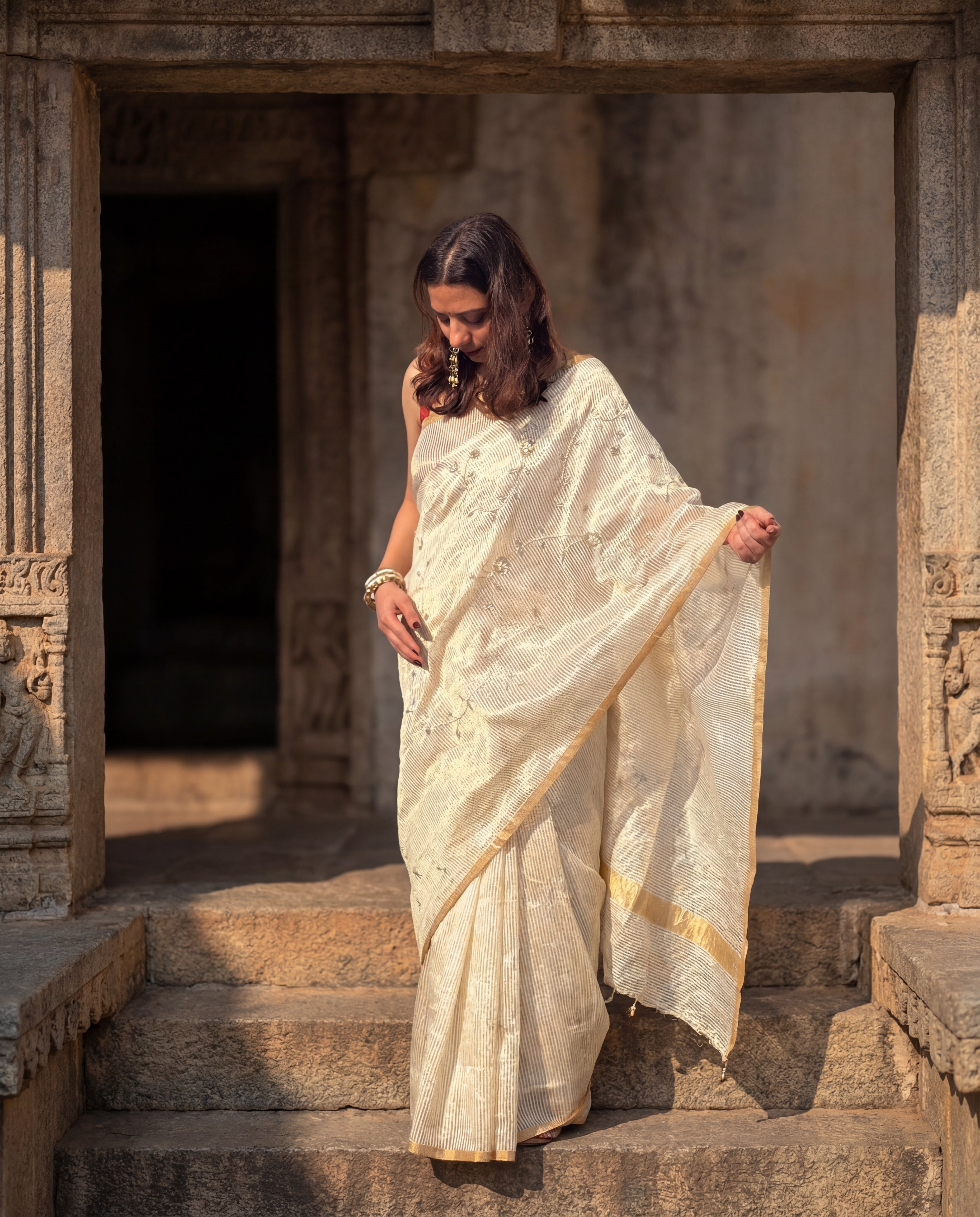 Sunehri | Ivory Golden Viscose Organza & Silk Zari saree