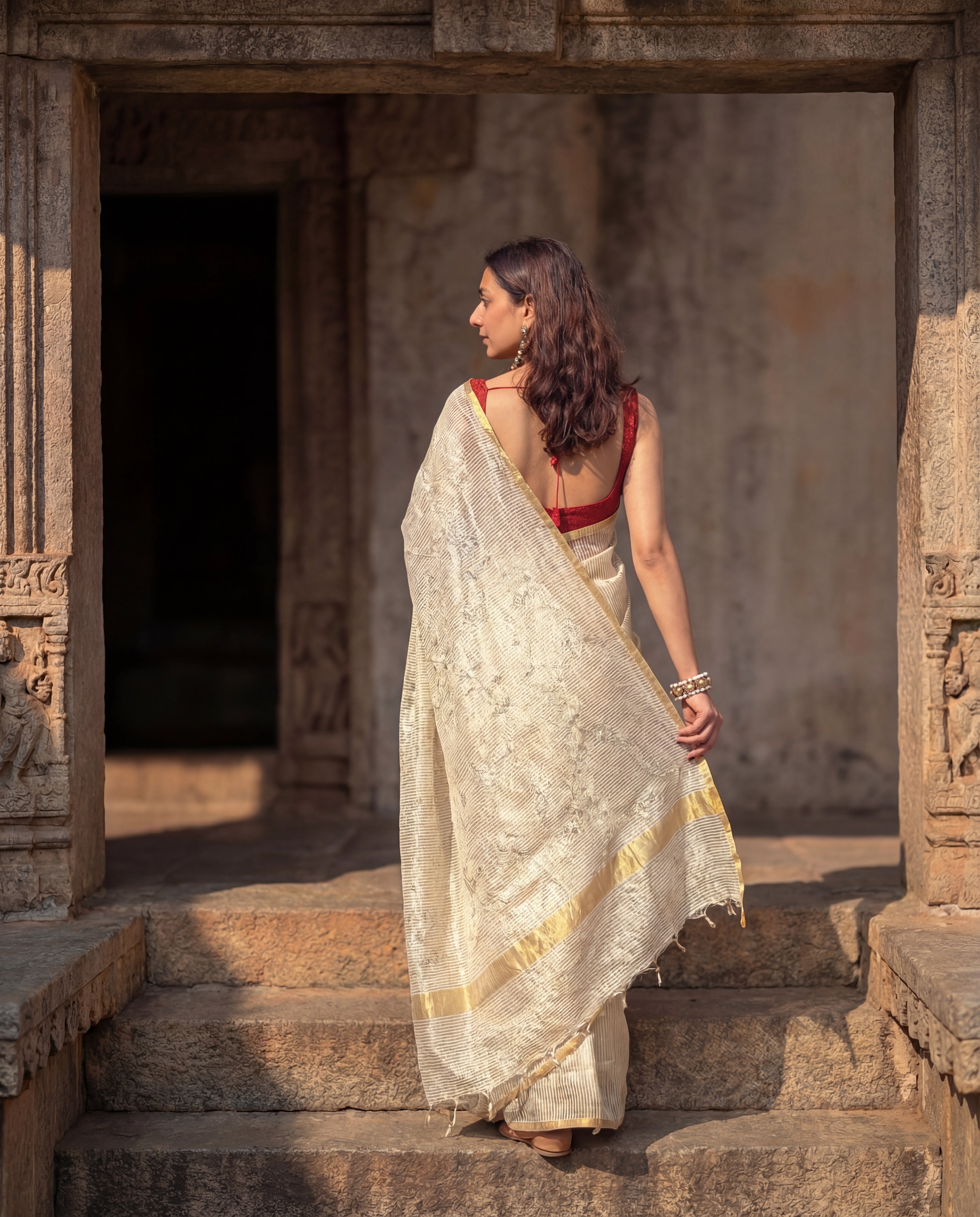 Sunehri | Ivory Golden Viscose Organza & Silk Zari saree